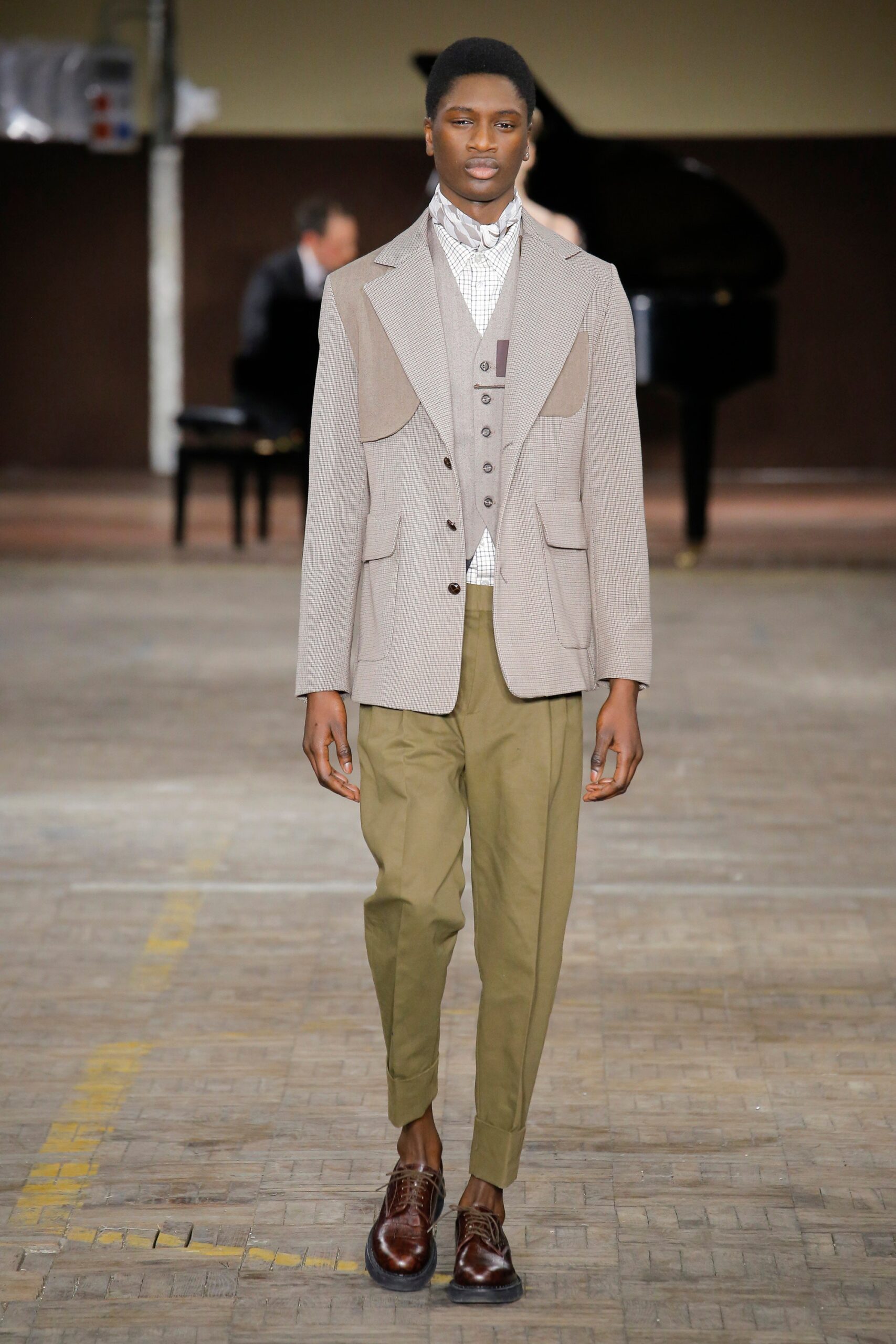 beige tailored blazer with green pants