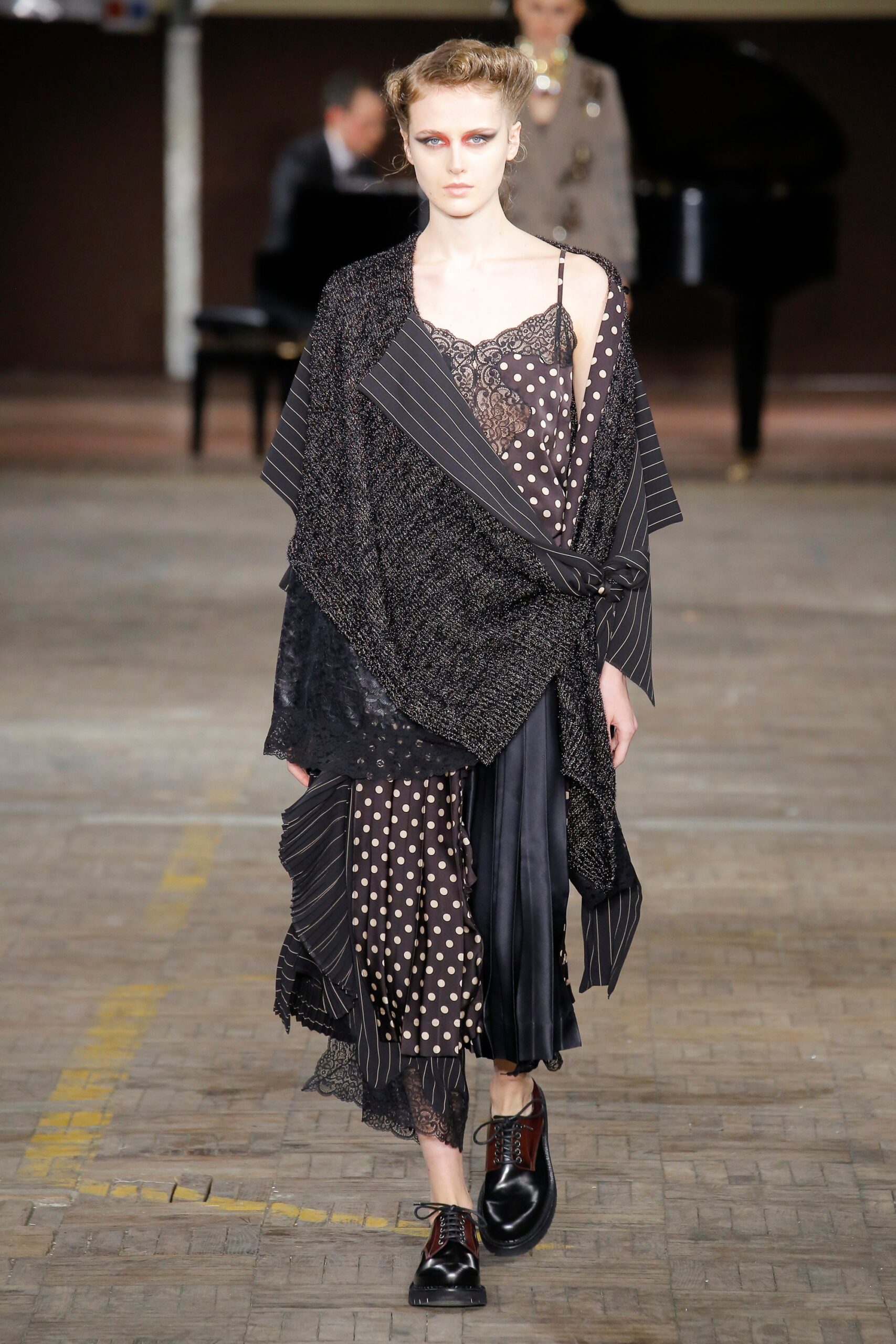 black and white polka-dot midi dress with coat