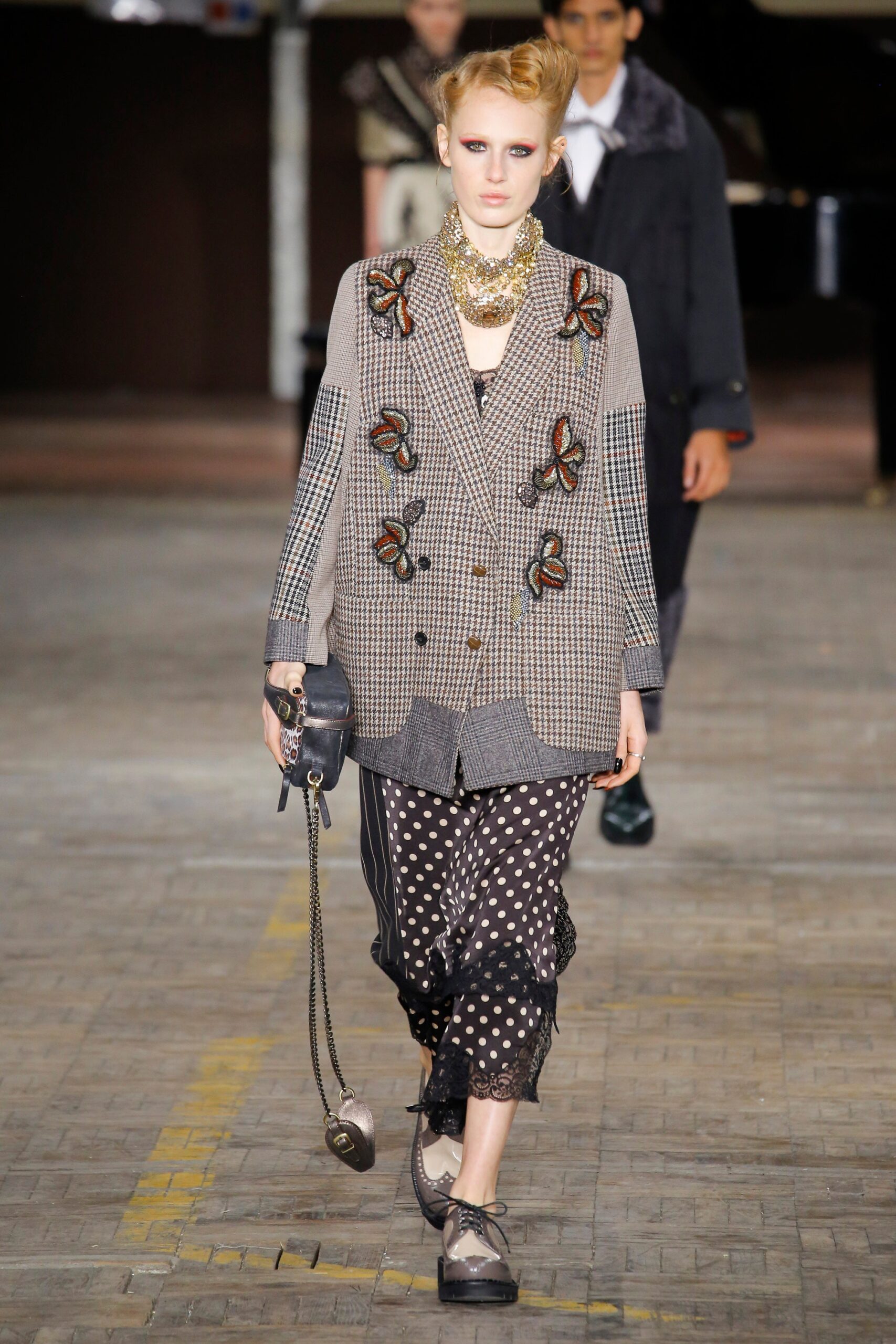 gray embroidered blazer with polka-dot pants