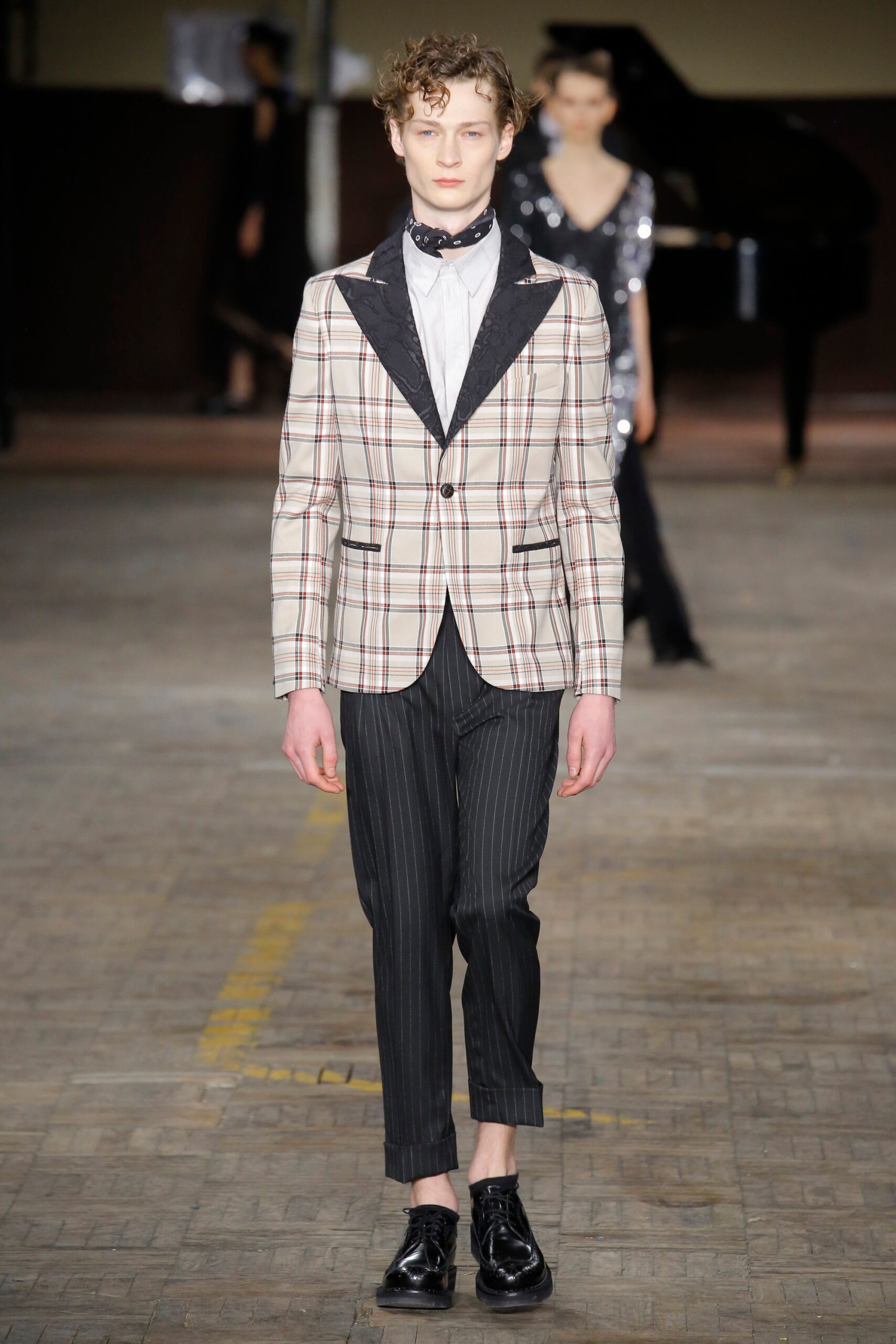 beige checked blazer with black pants