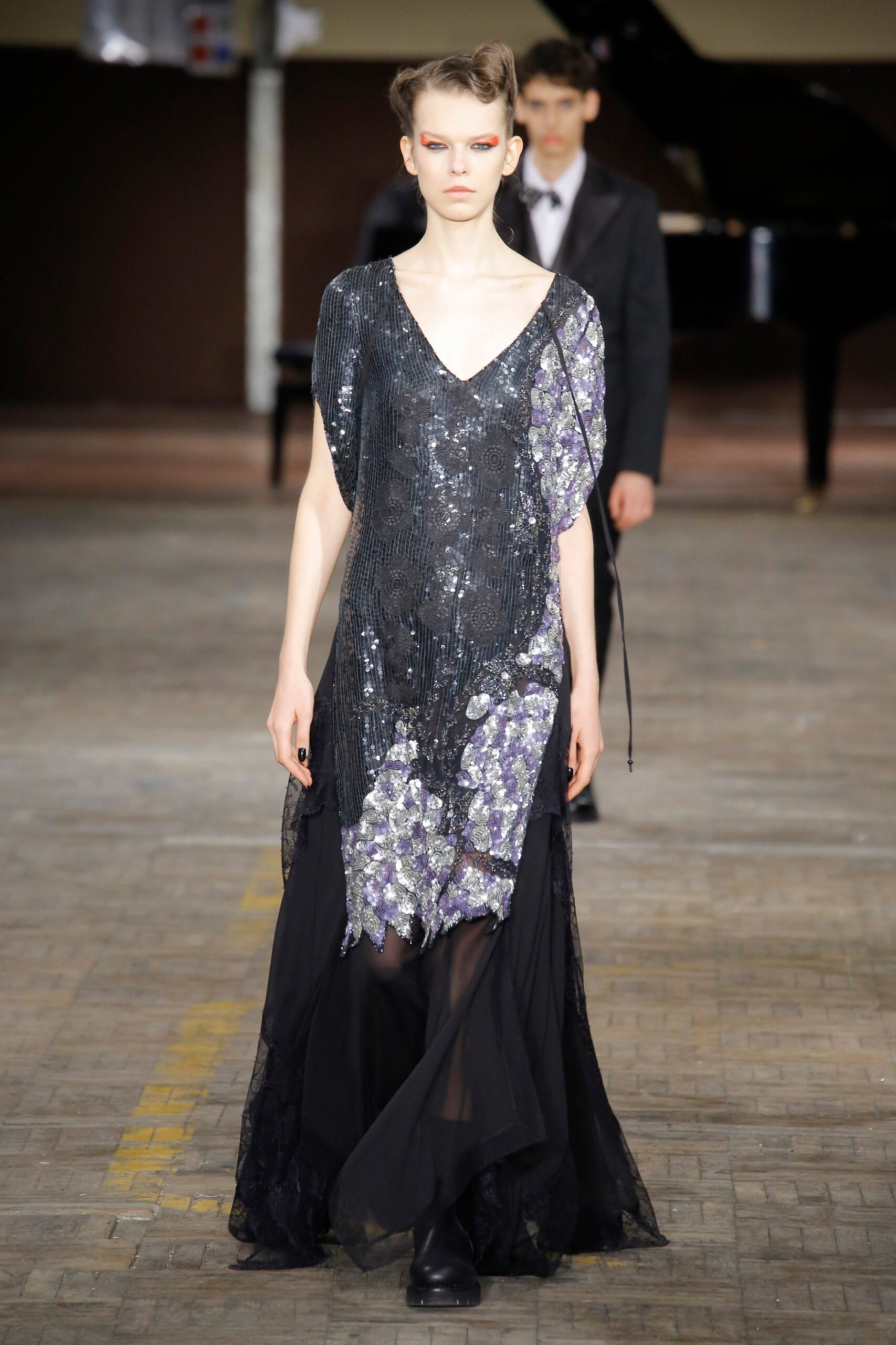 black and purple sequined maxi dress