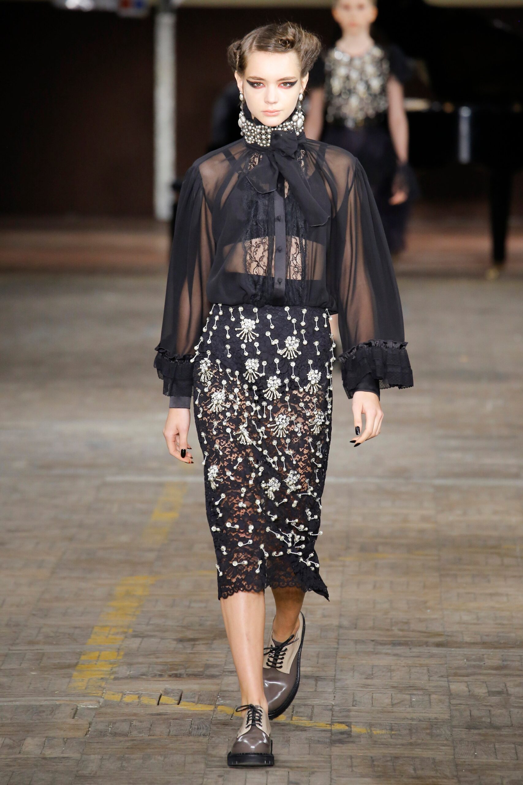 black silk long-sleeve collared fitted ruffled blouse
