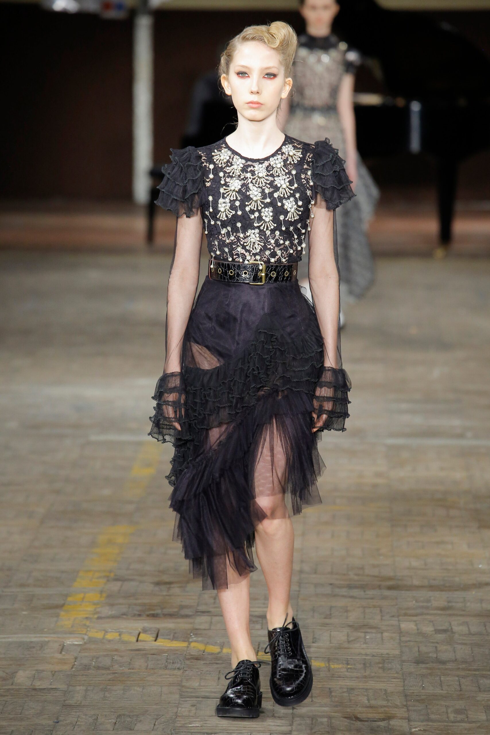 black sheer ruffled midi dress