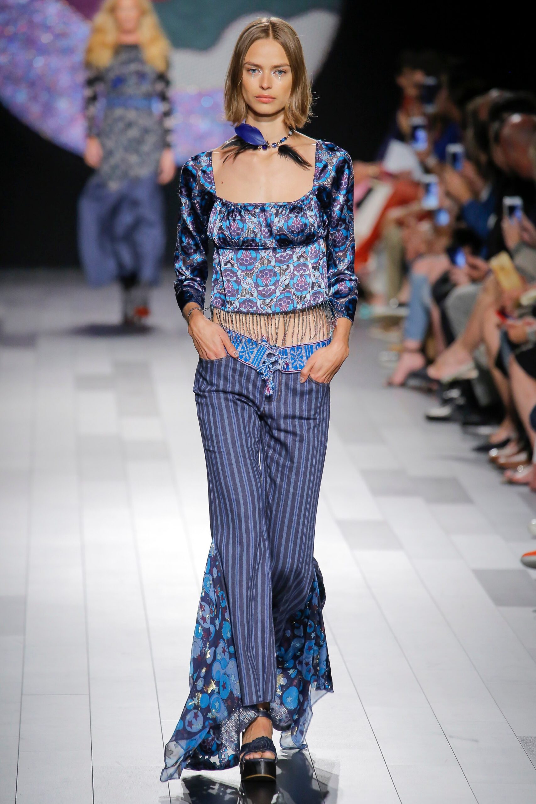 blue silk fitted top with flared pants