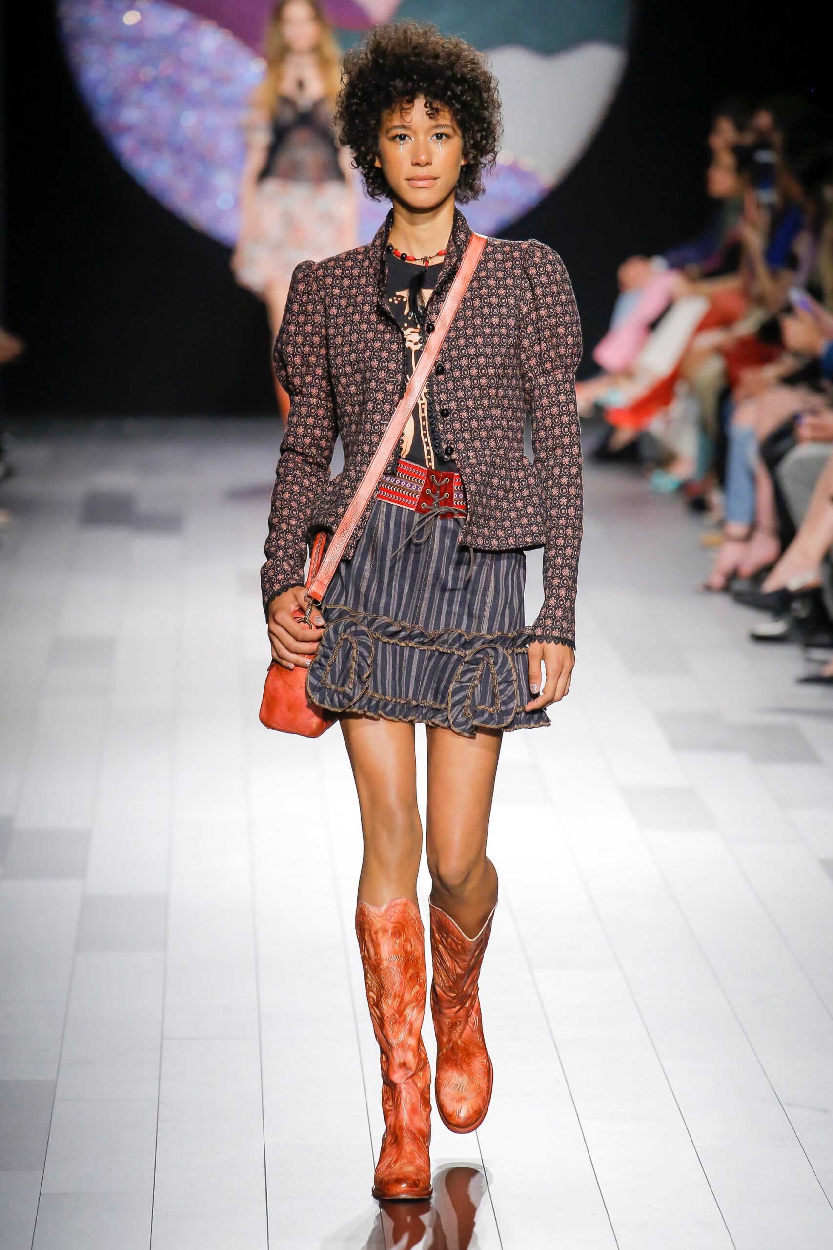 black printed fitted jacket with mini skirt