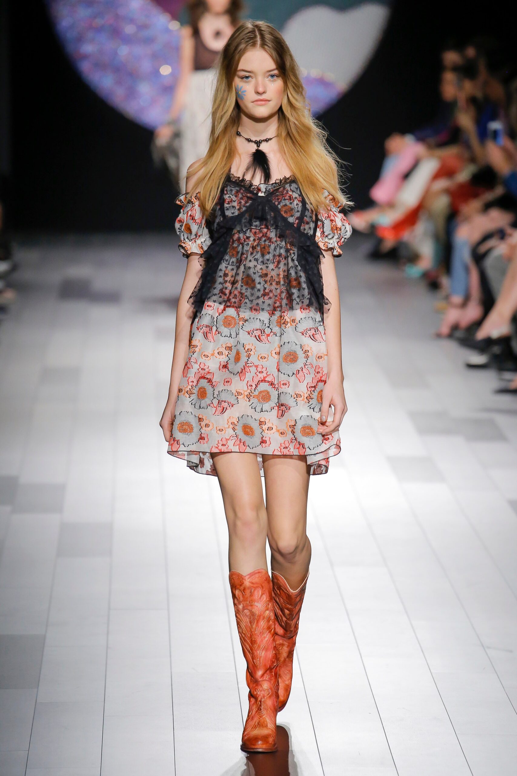 floral mini dress with orange boots