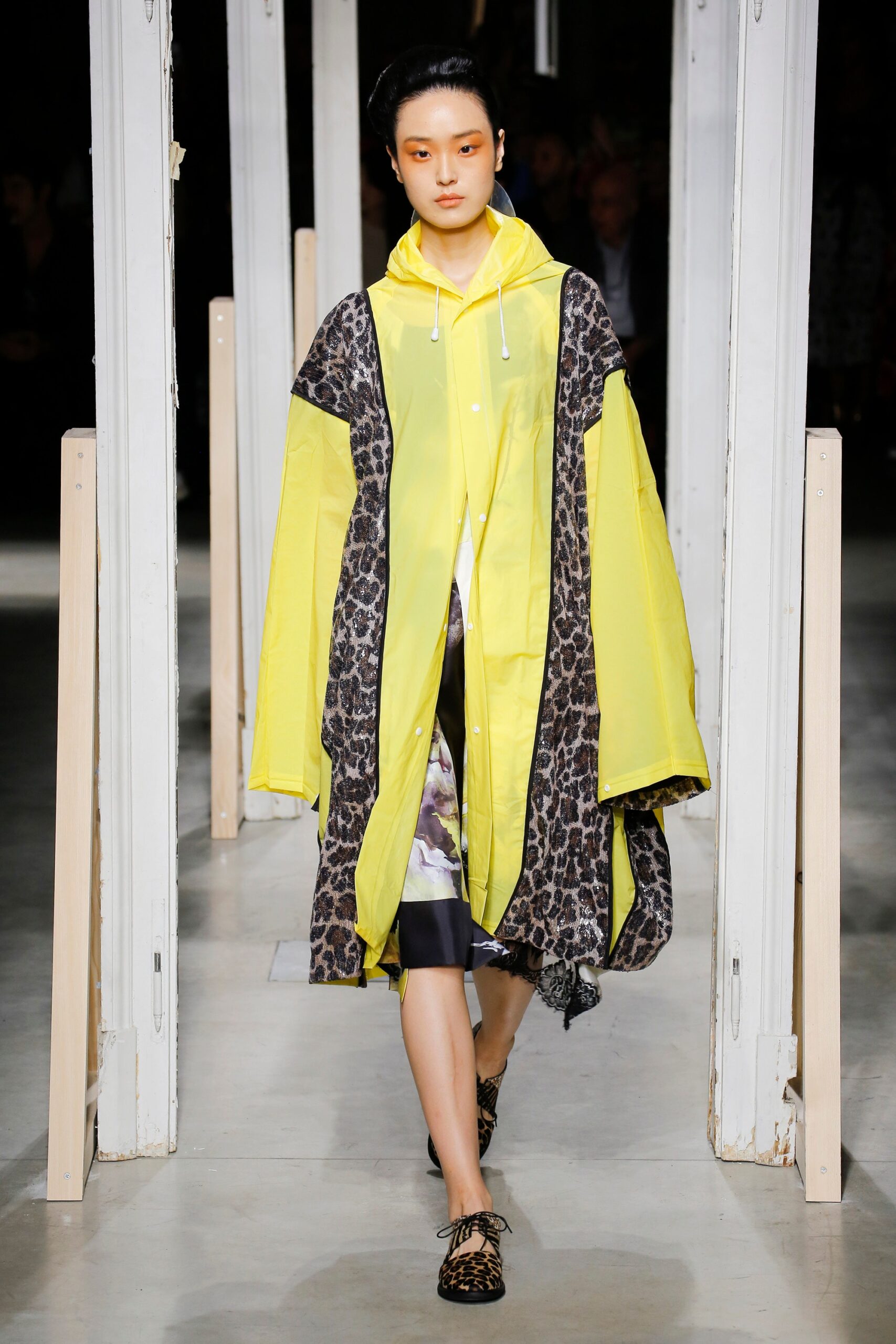 oversized yellow coat with animal-print dress
