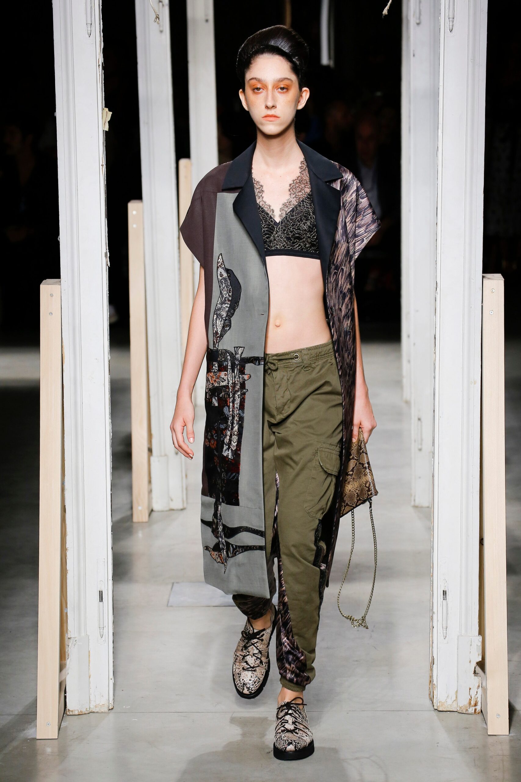 multi-colored jacket with black lace top