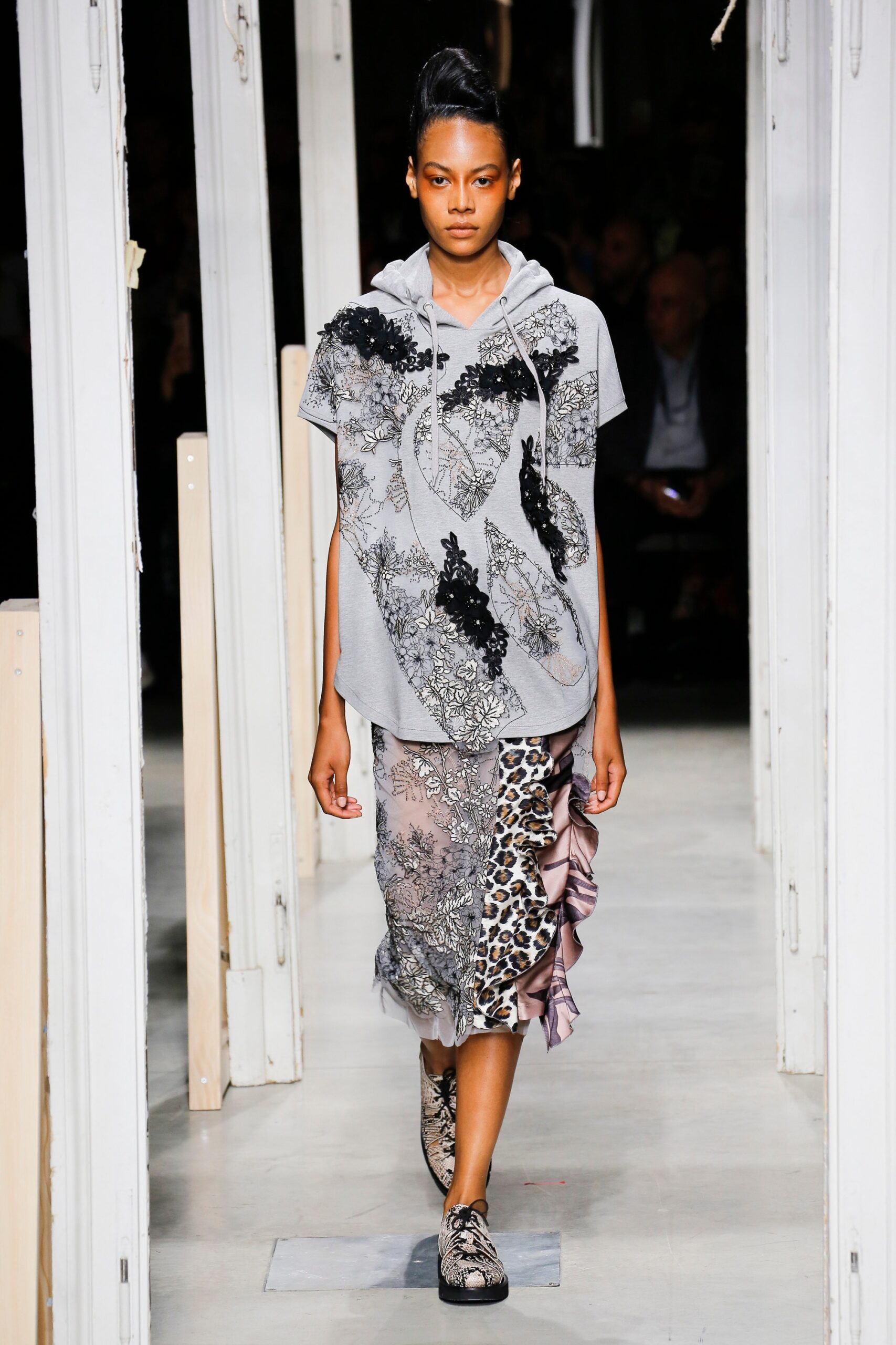 gray embroidered hoodie with multi skirt