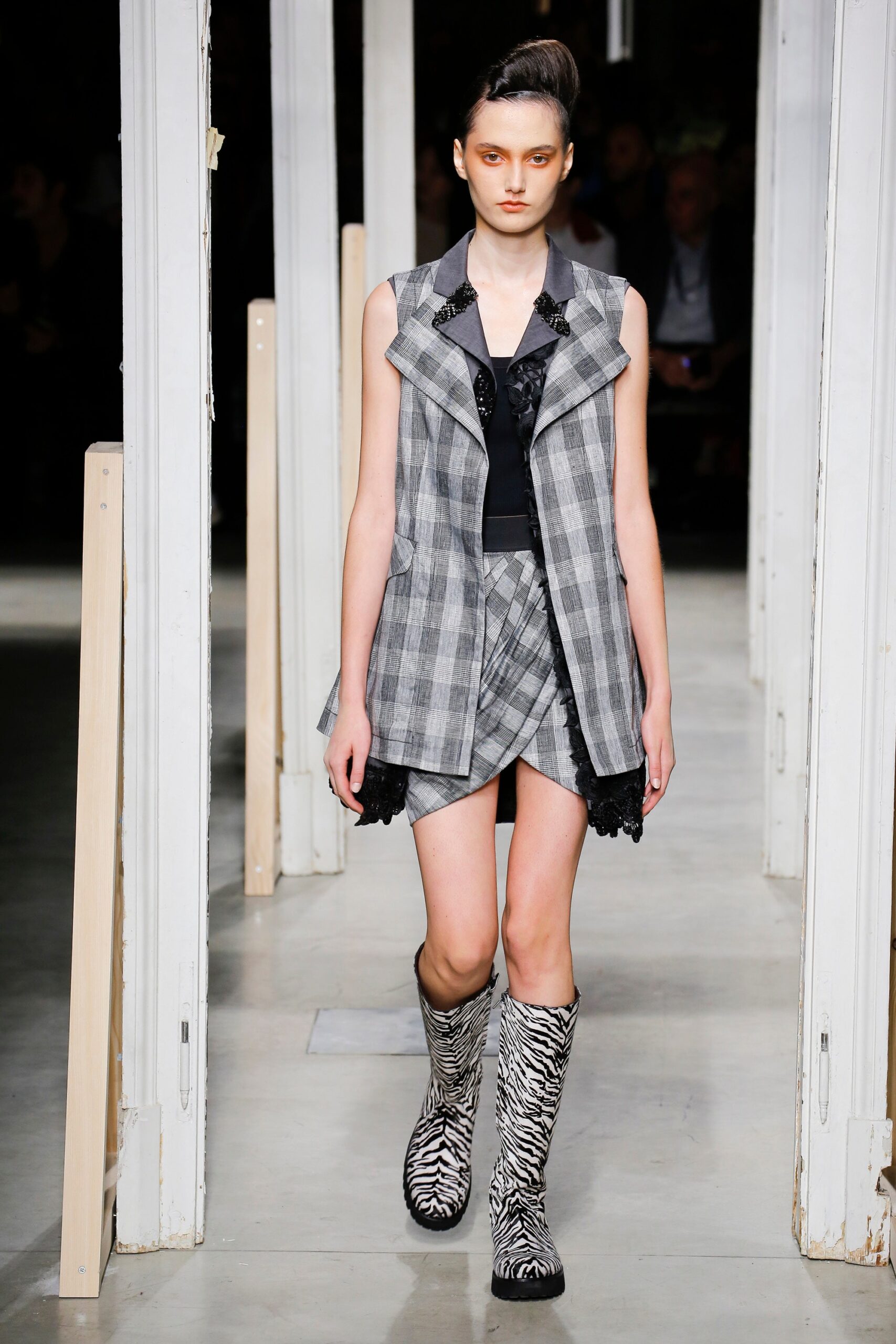 gray checked vest with mini skirt