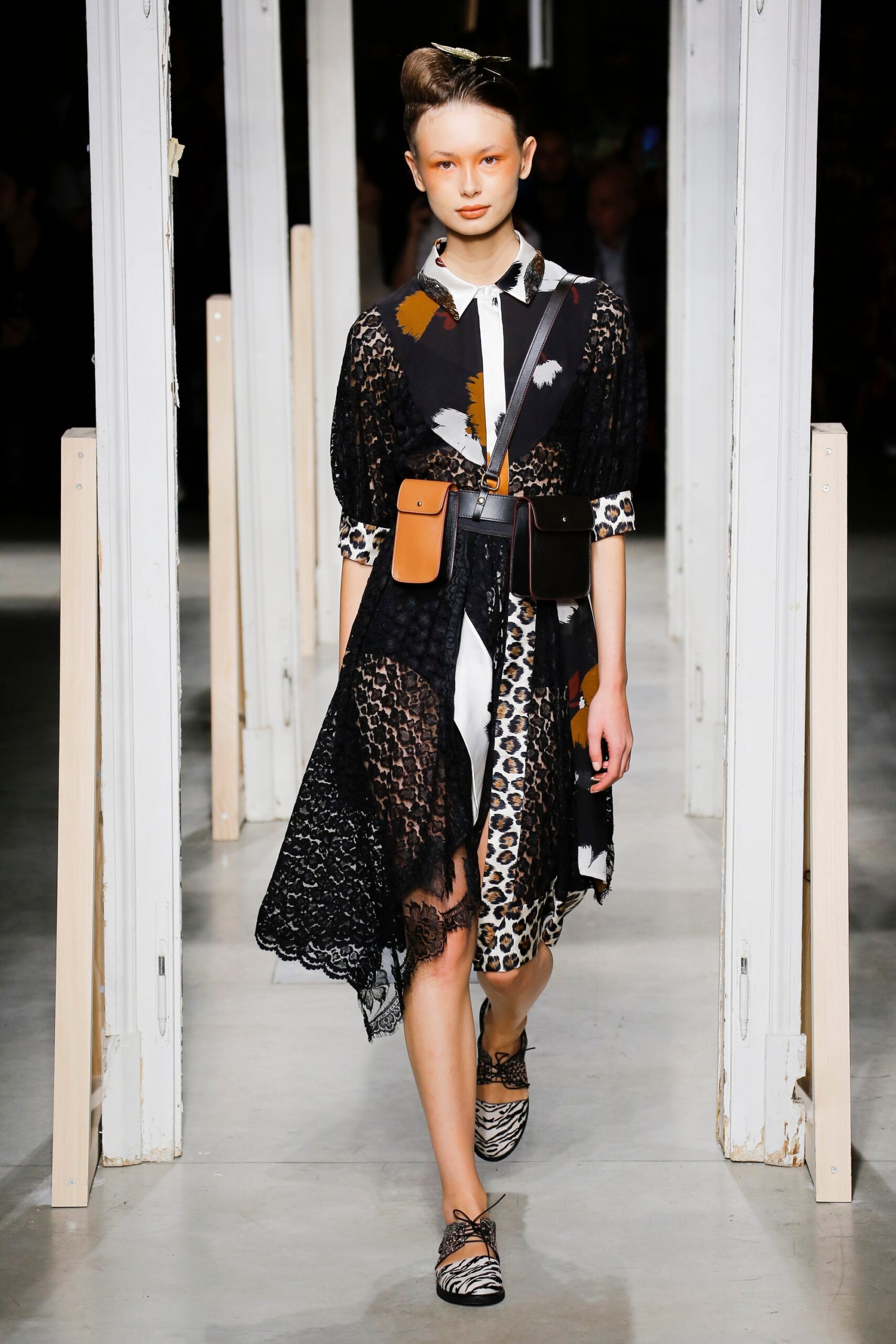 black lace long-sleeve collared relaxed layered printed dress