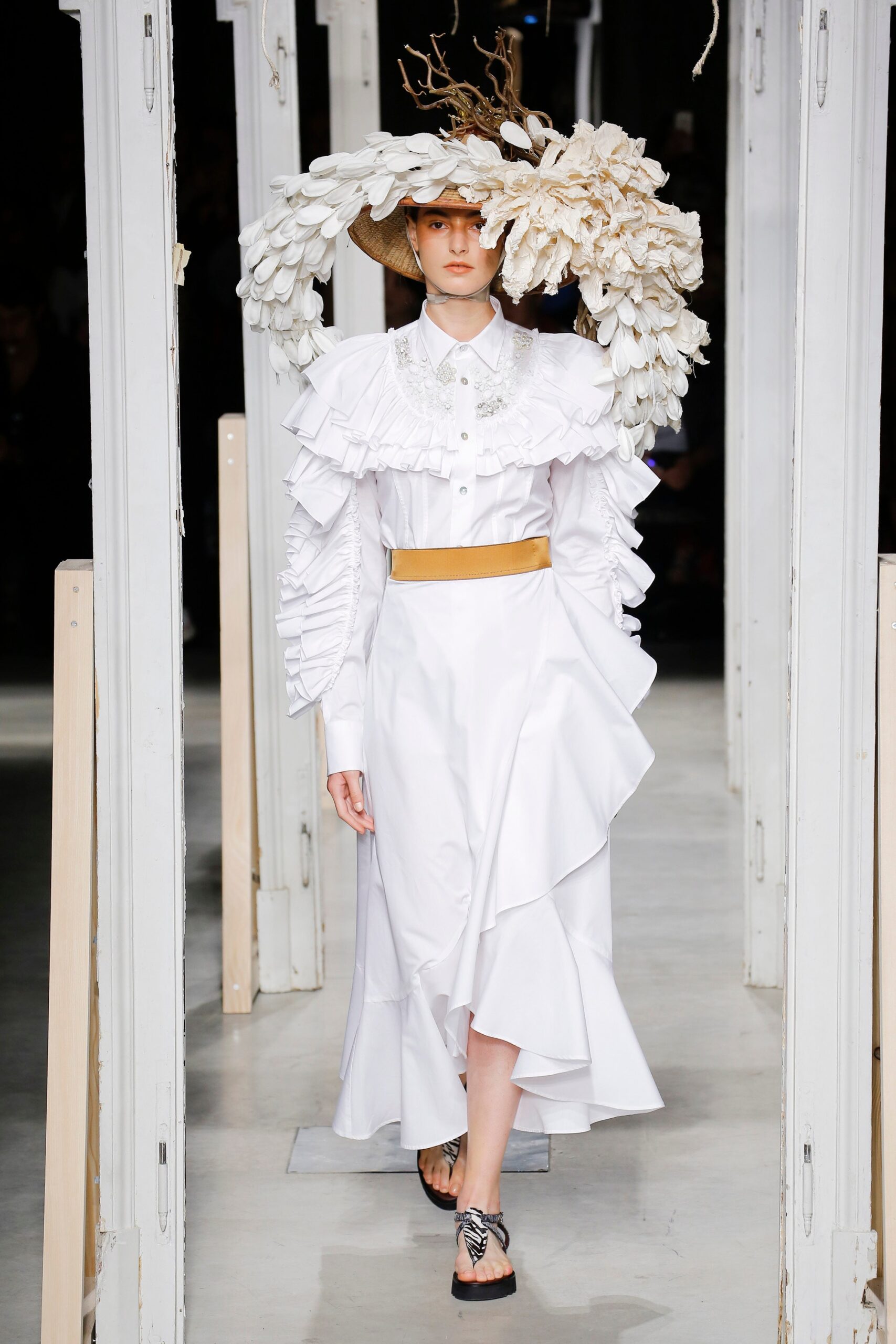 white cotton long-sleeve collared fitted ruffled tiered dress