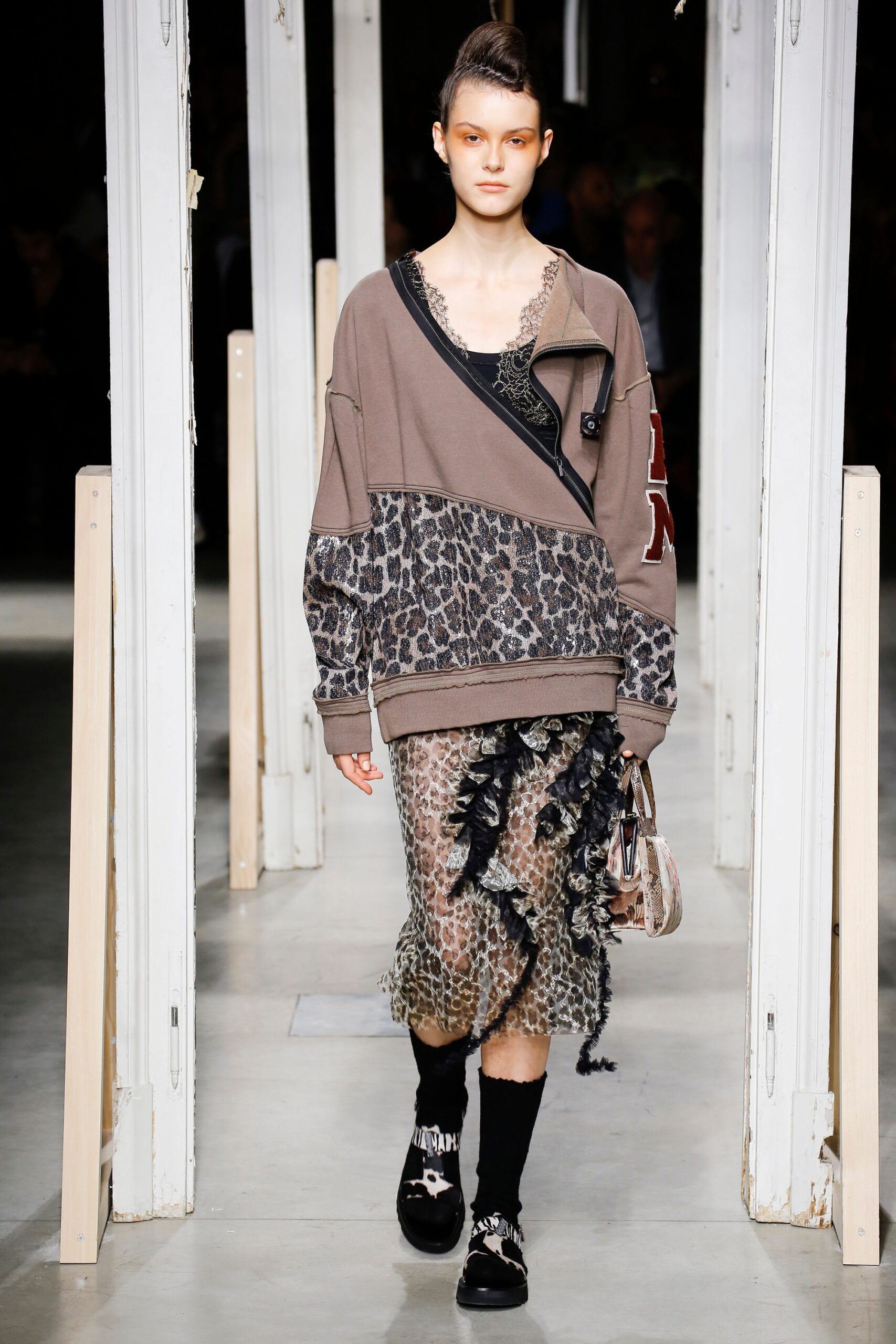 brown relaxed sweater with ruffled skirt