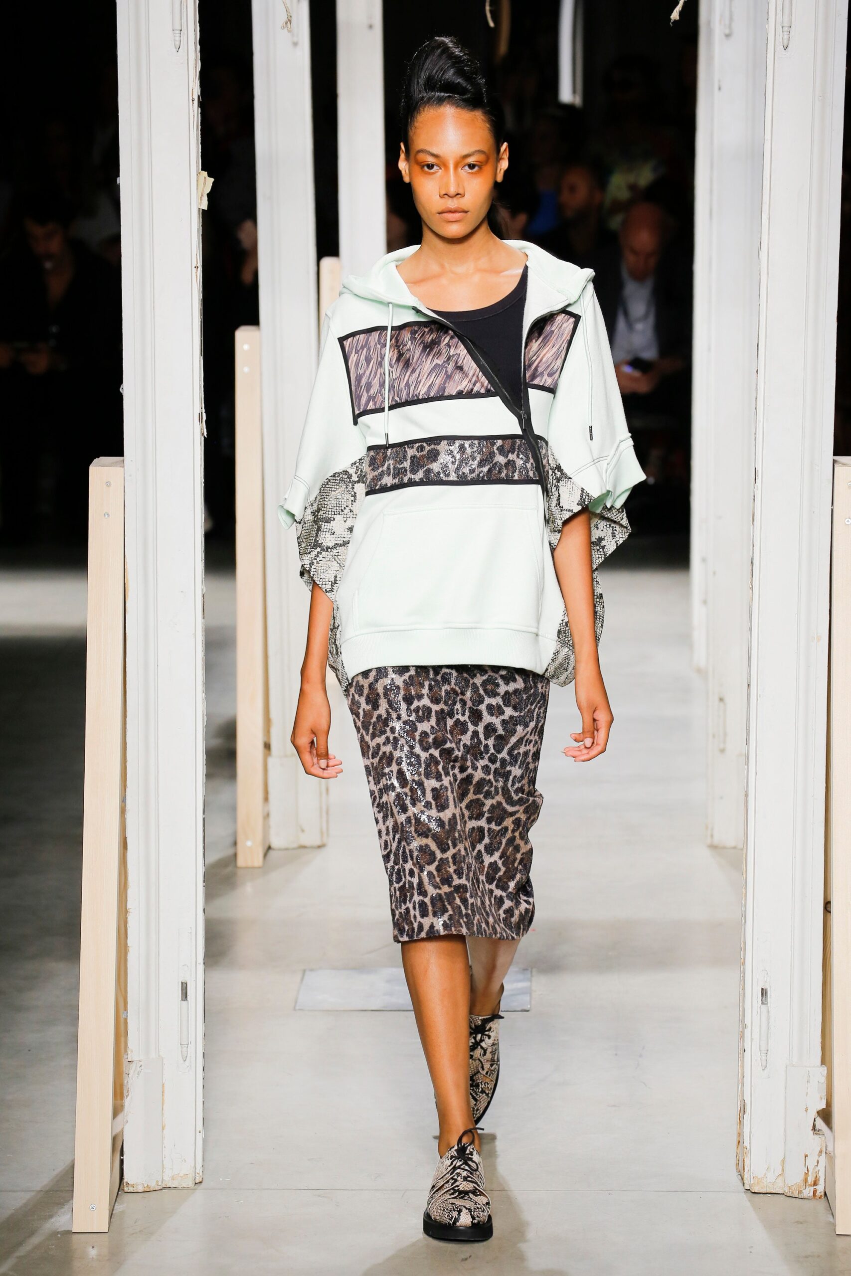 mint hoodie black top gray pencil skirt