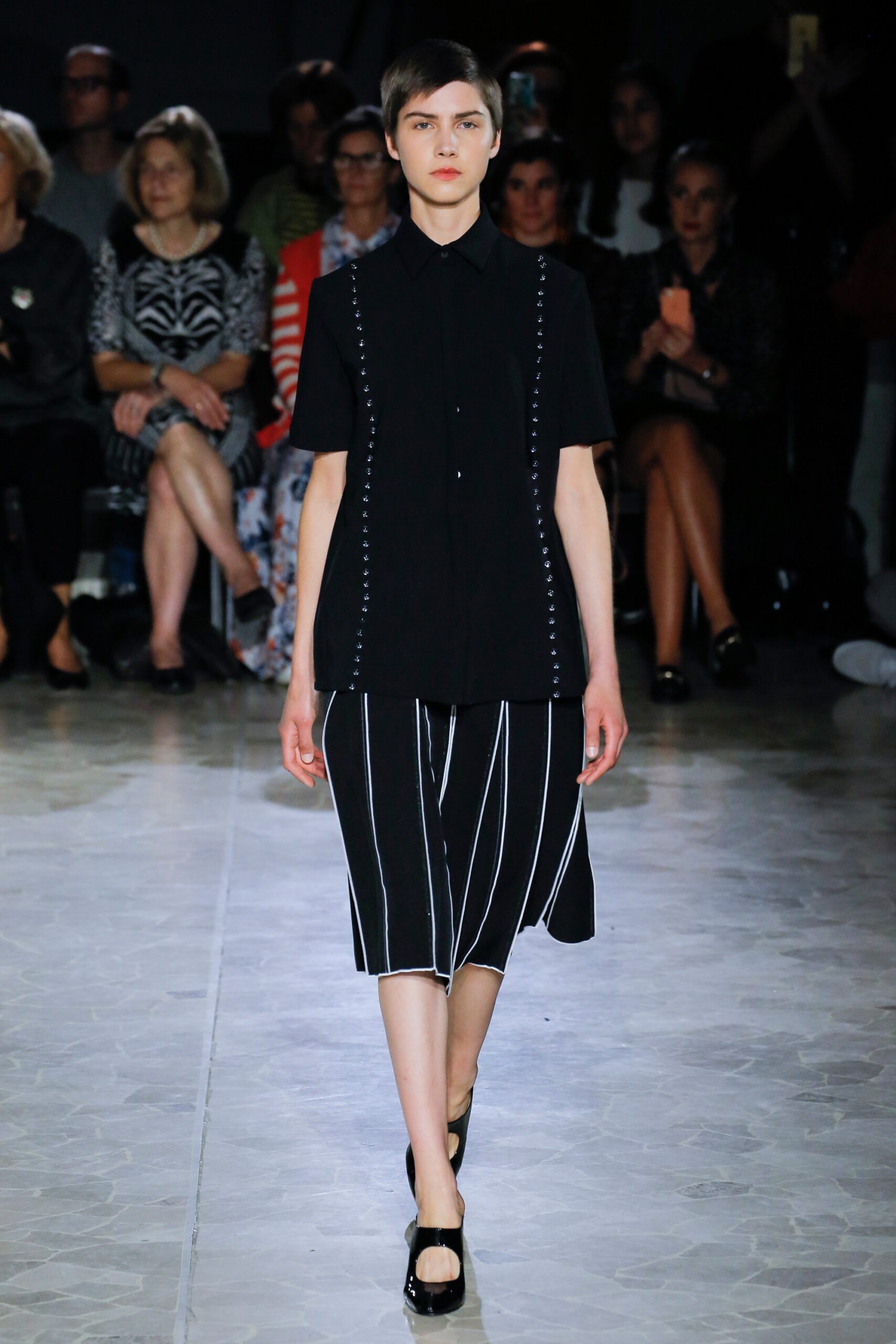 black fitted shirt and relaxed skirt