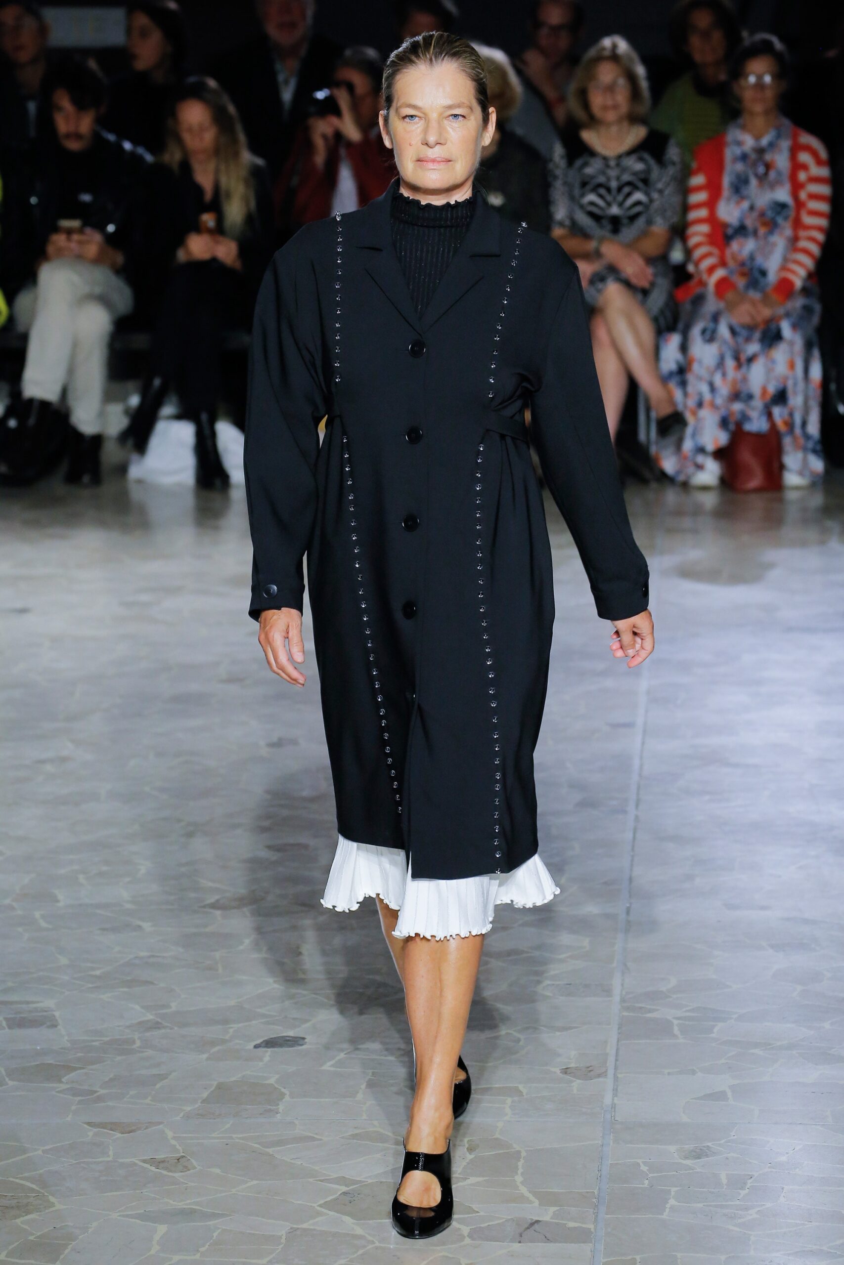 black coat with white dress