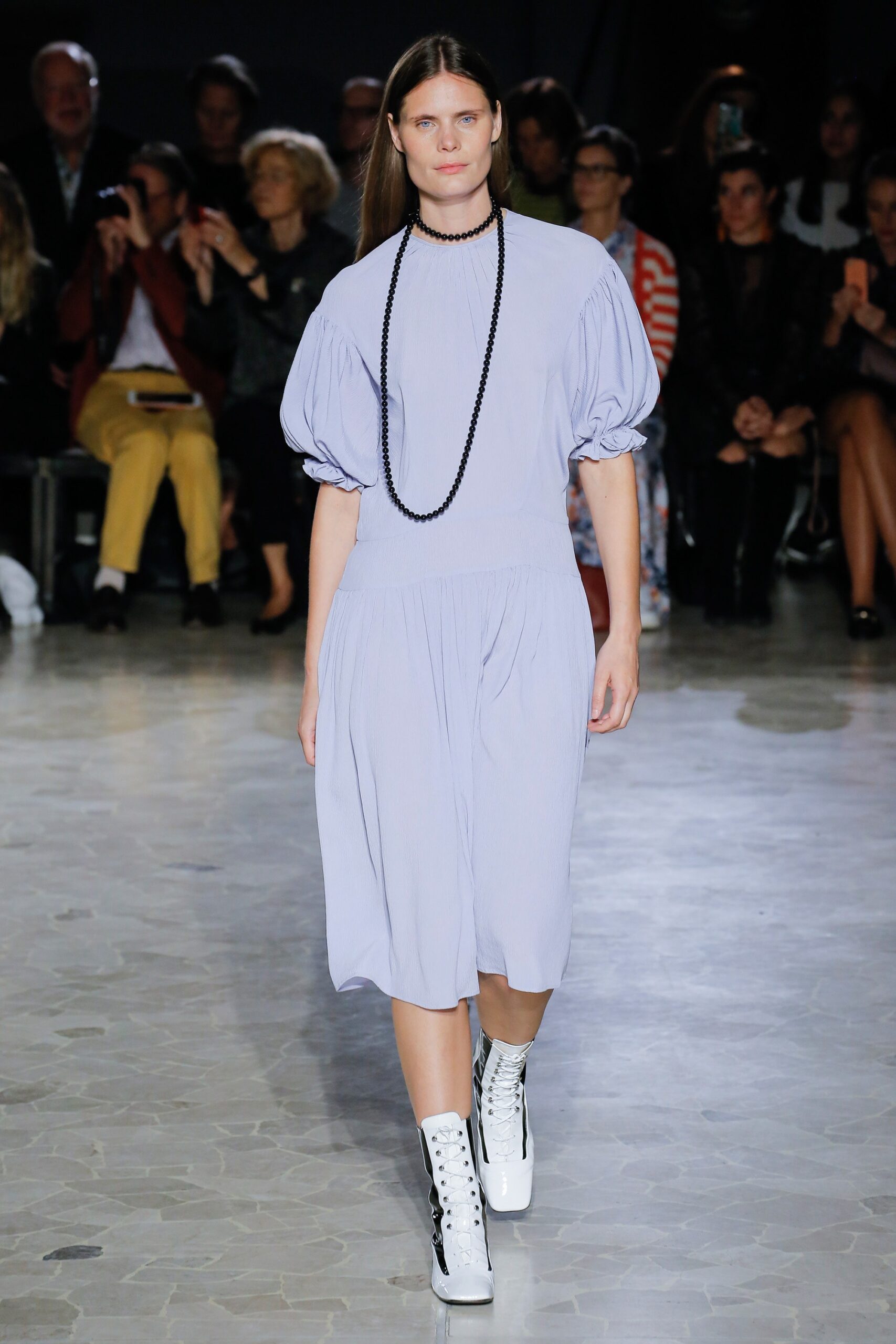lavender relaxed midi dress with white shoes