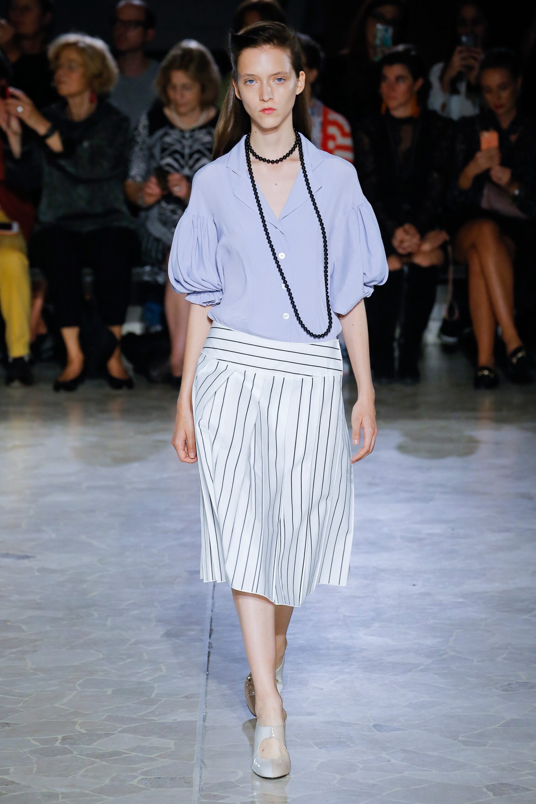 lavender cotton blouse with striped skirt