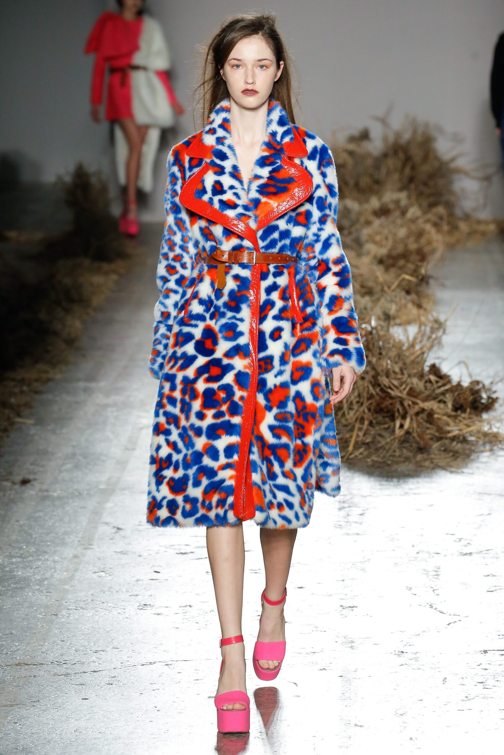 blue and orange animal-print coat