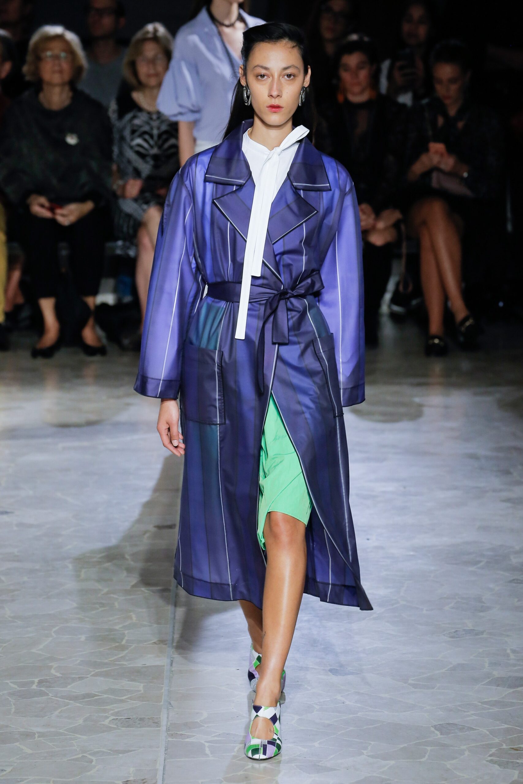 purple silk belted coat with green skirt