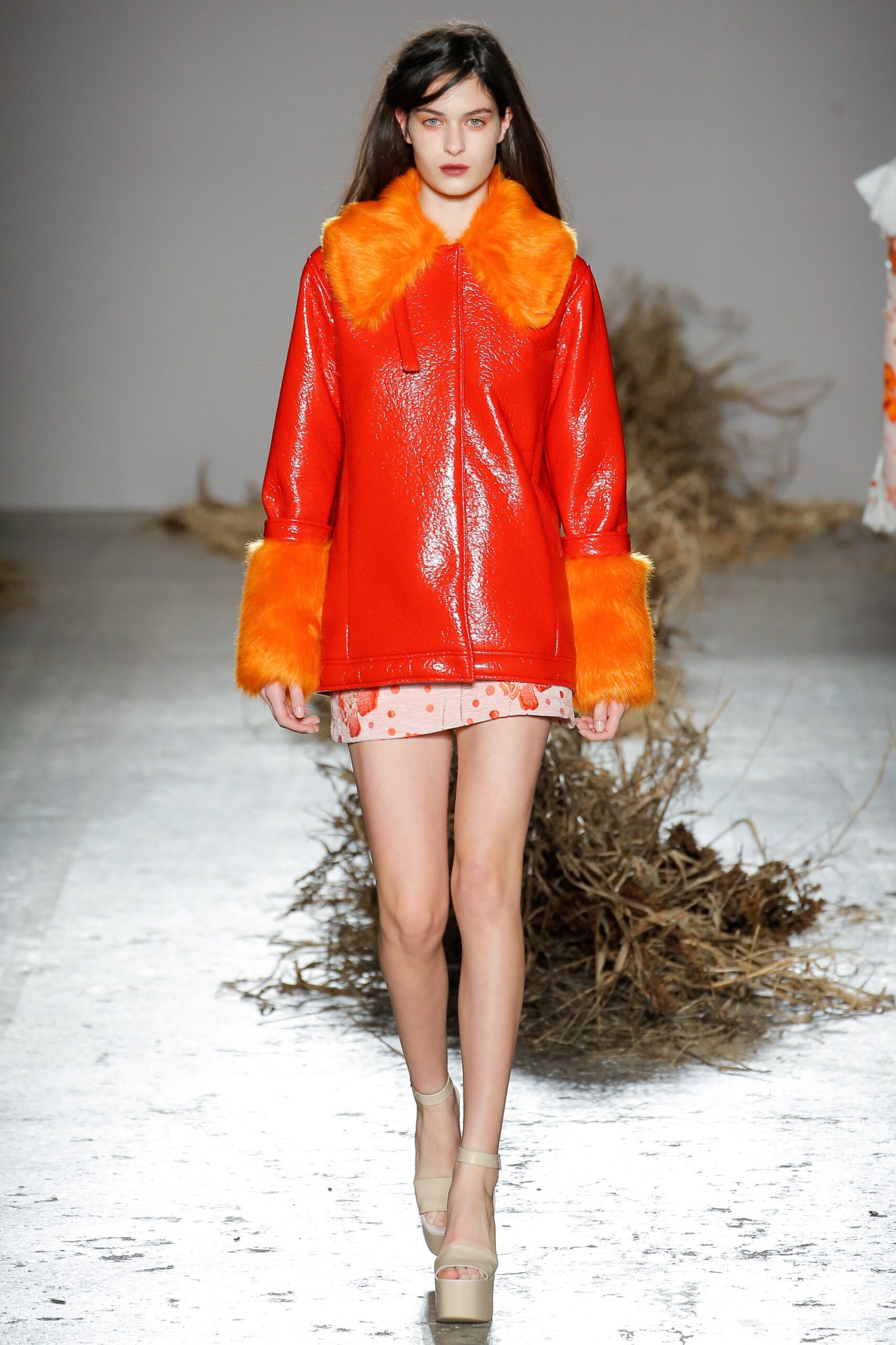 orange vinyl jacket with faux-fur