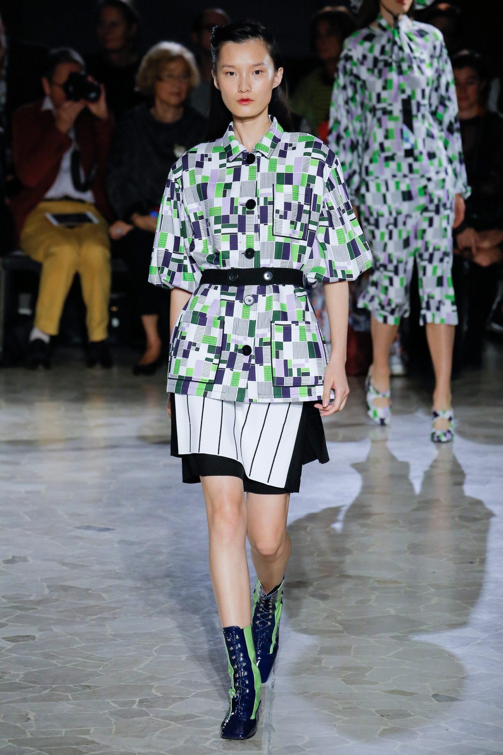 relaxed printed shirt with fitted skirt