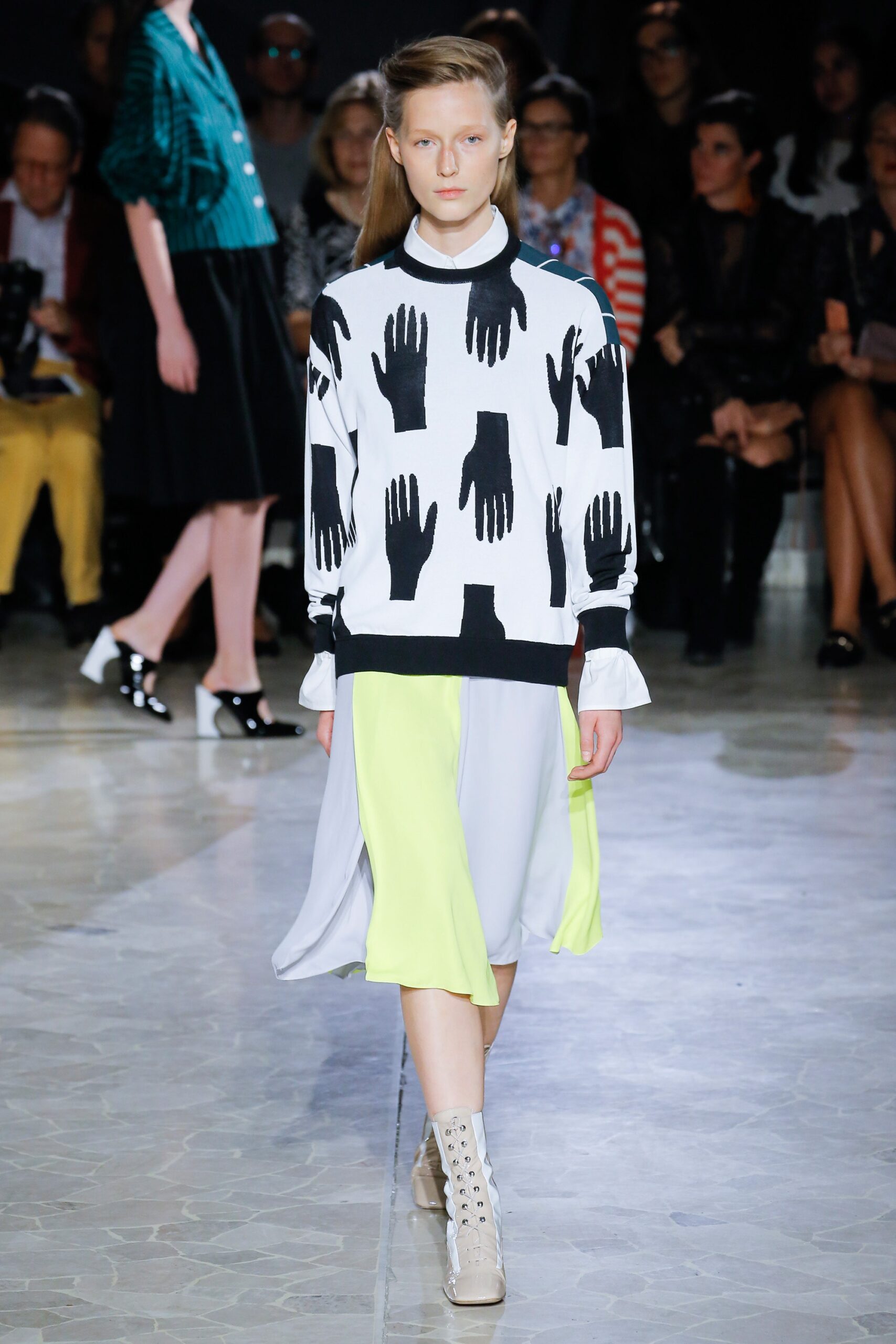 printed sweater with layered skirt