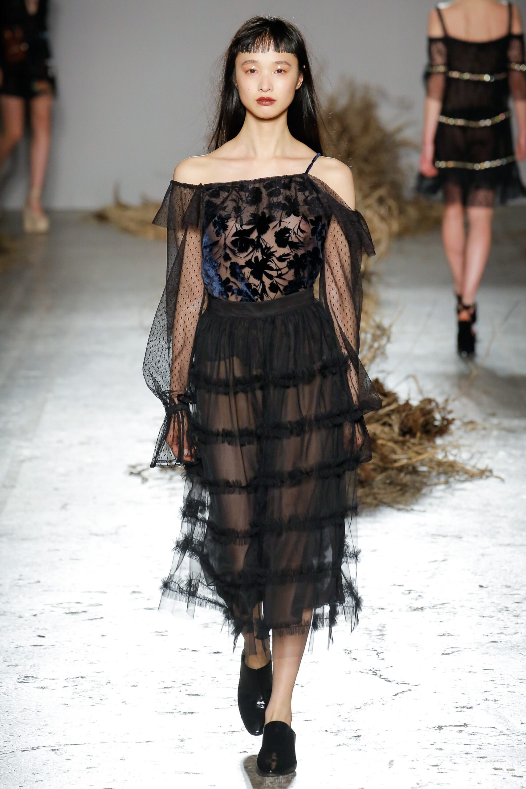black lace off-shoulder midi dress