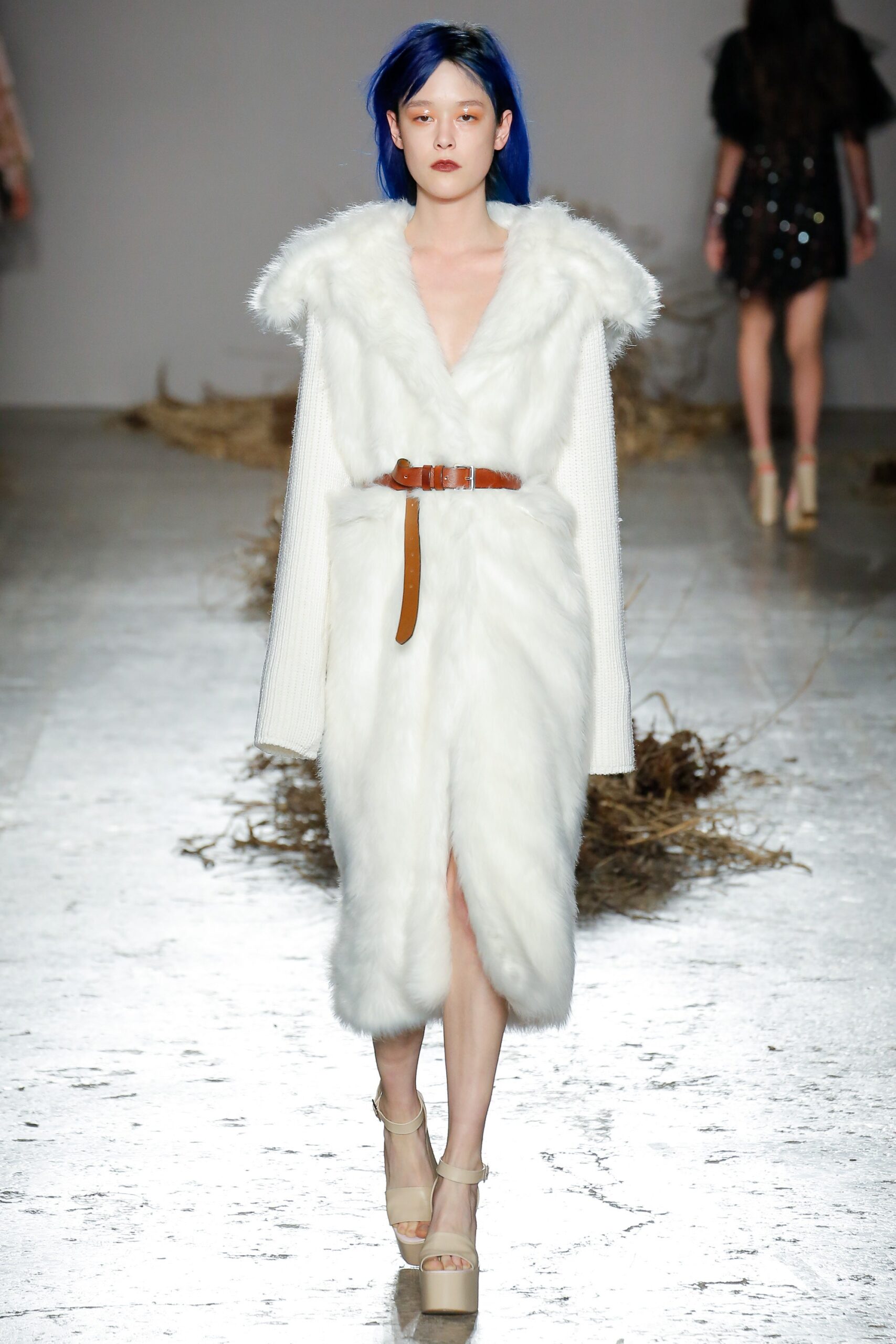 white faux-fur belted coat