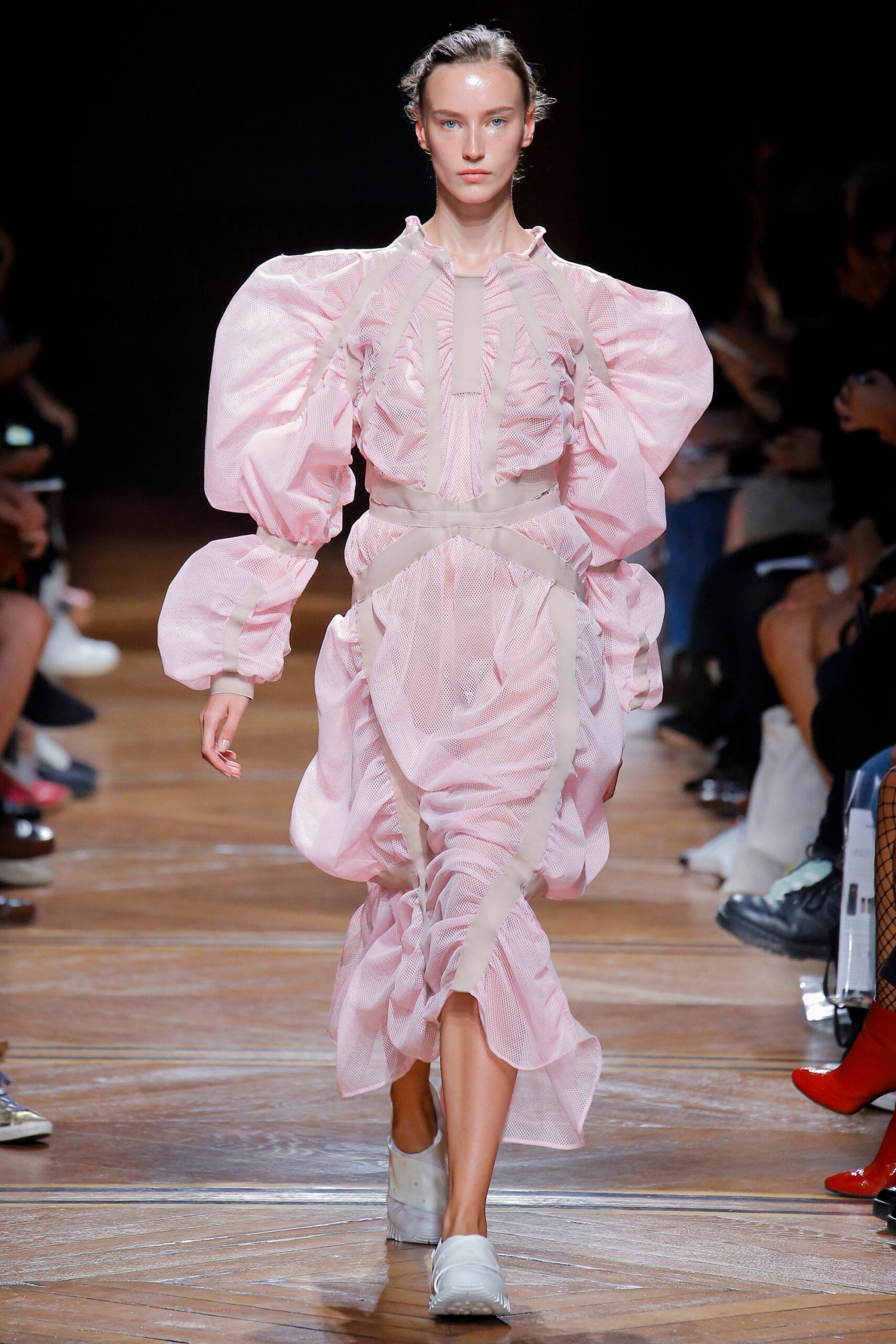 pink pleated midi dress