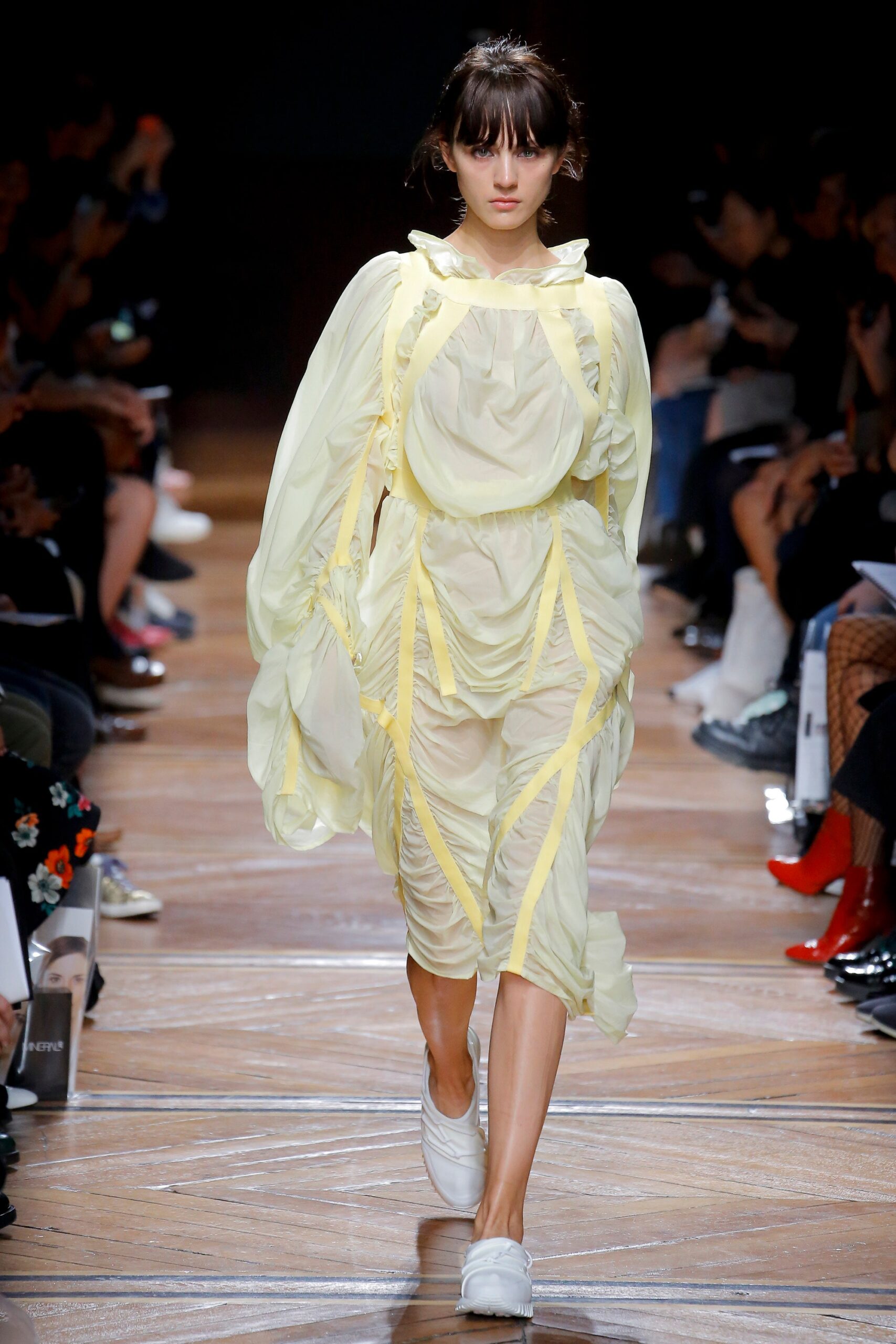 yellow chiffon long-sleeve v-neck relaxed draped layered dress