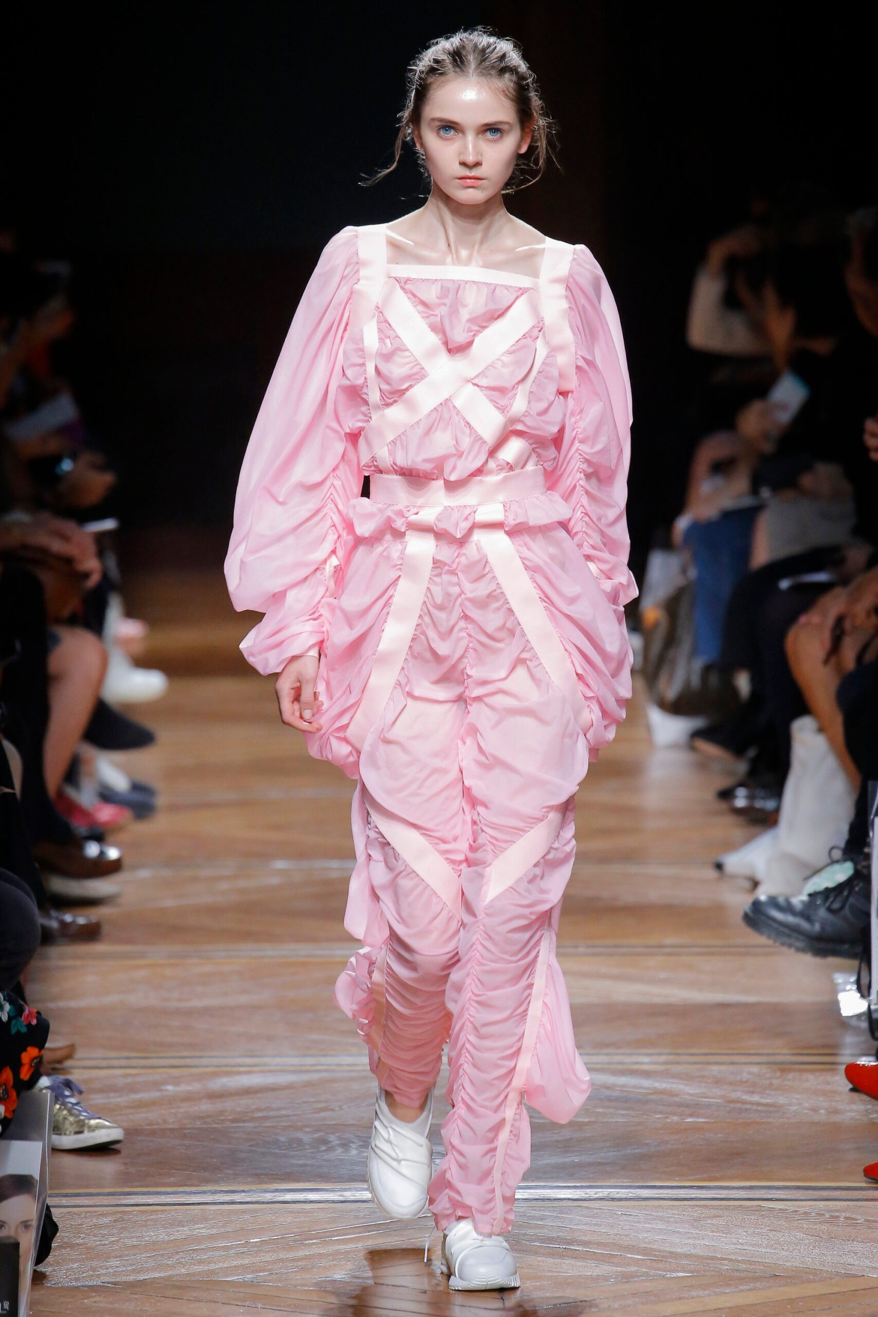 pink ruched midi dress