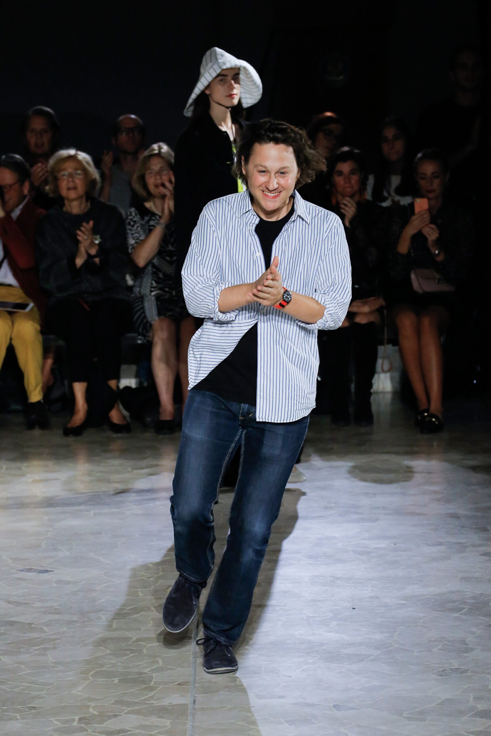 blue and white striped shirt with denim pants