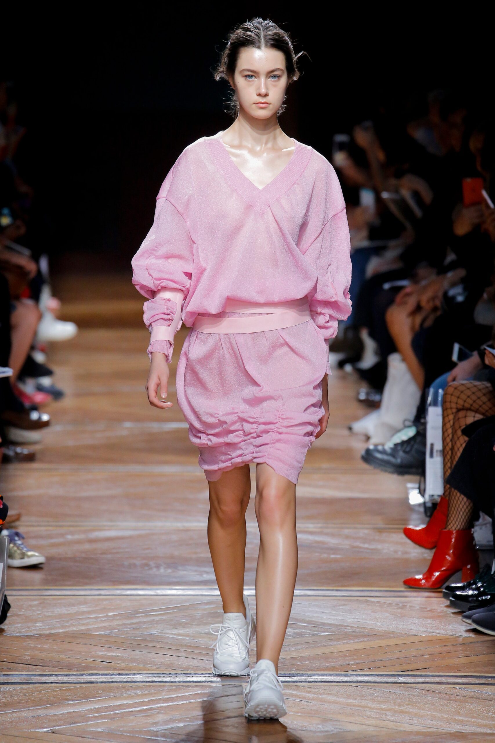 pink mesh long-sleeve v-neck relaxed ruched sheer top
