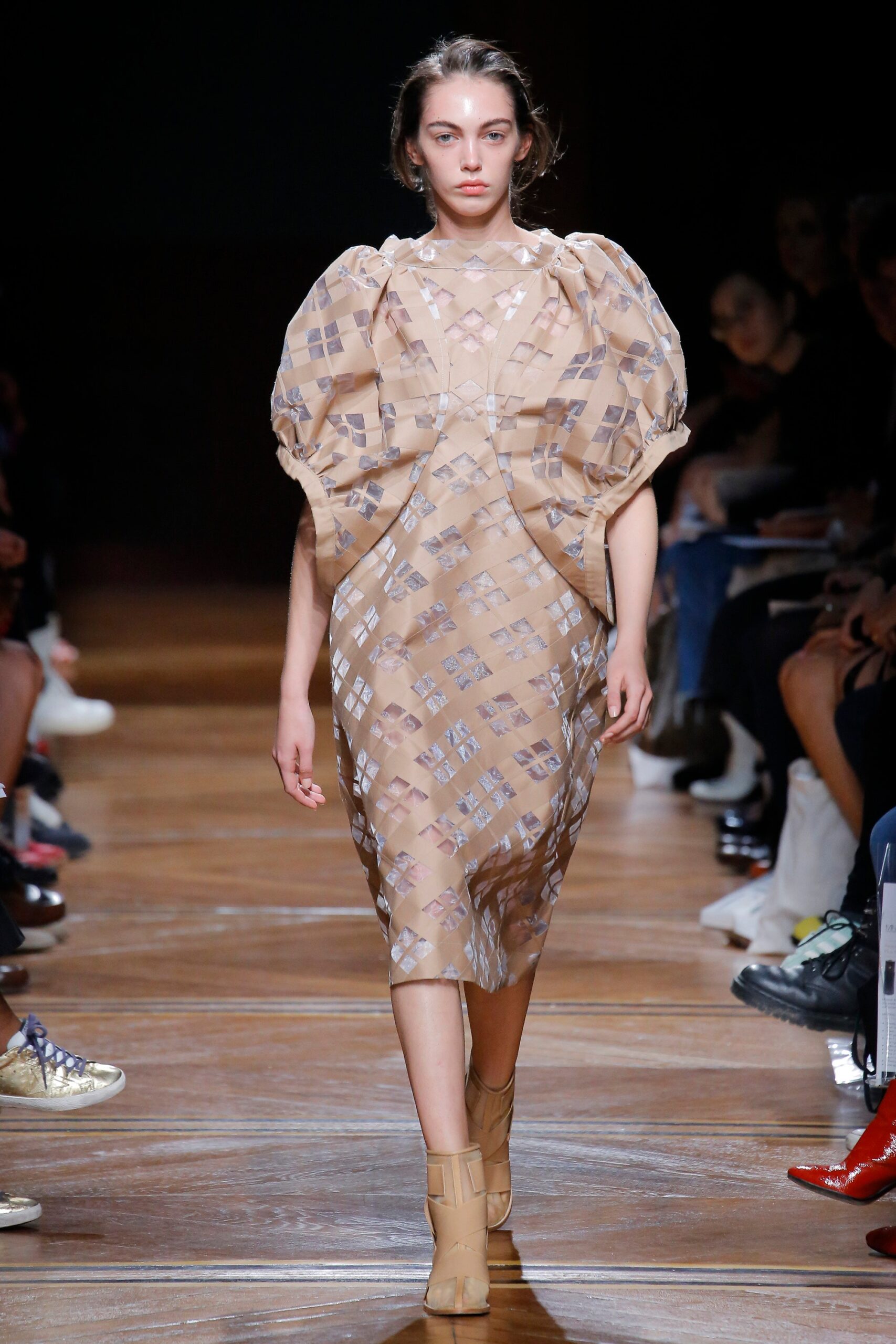 beige silk fitted midi dress