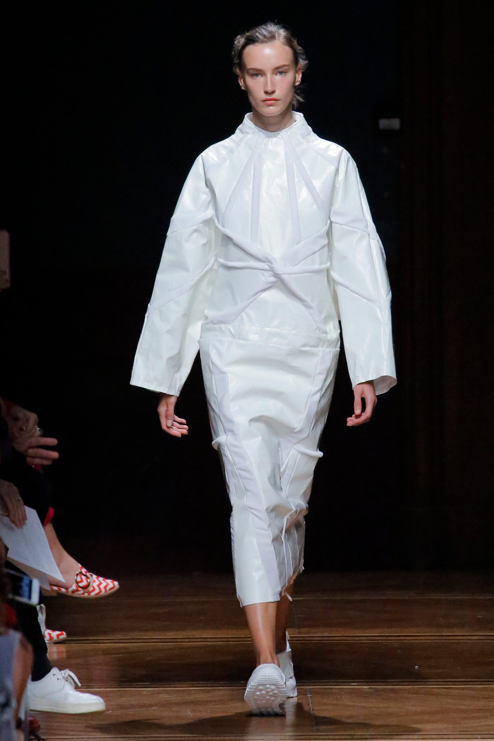 fitted white vinyl dress