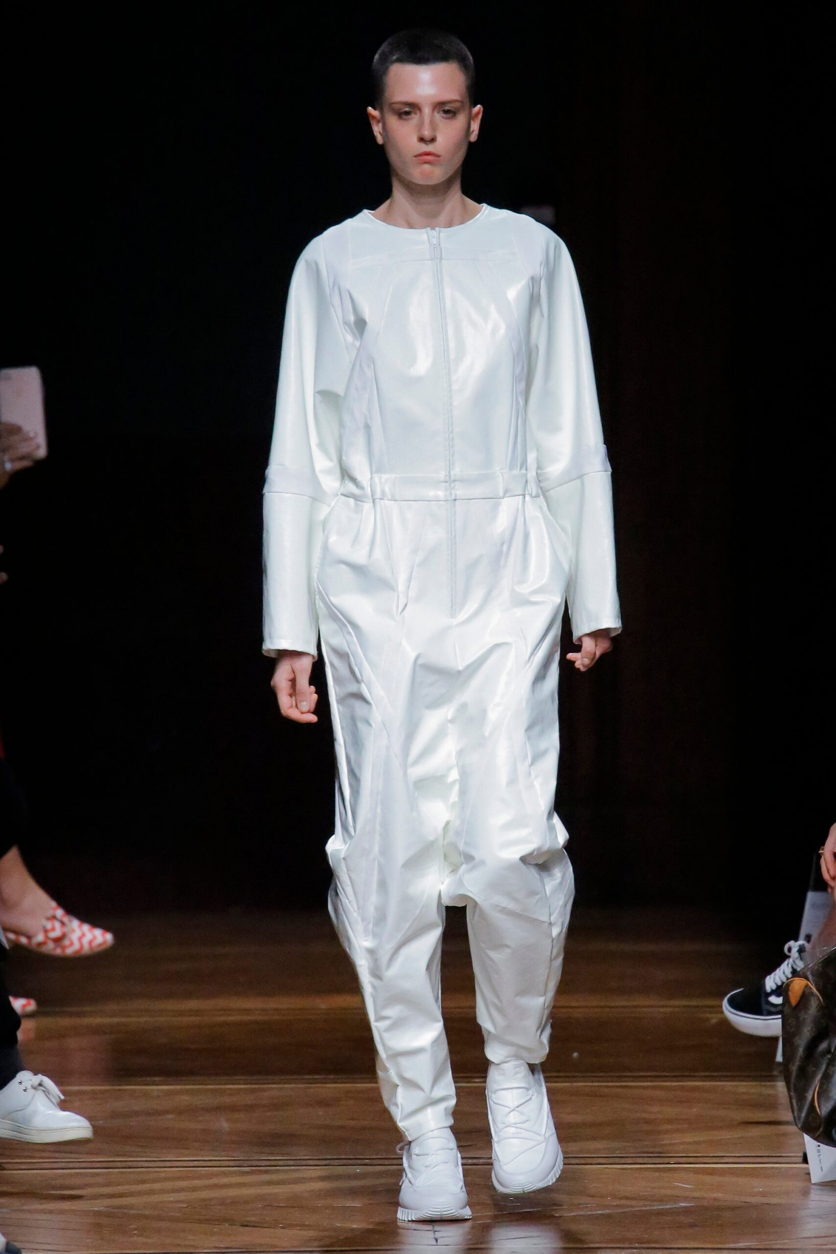 white vinyl long-sleeve relaxed zippered pockets shiny jumpsuit