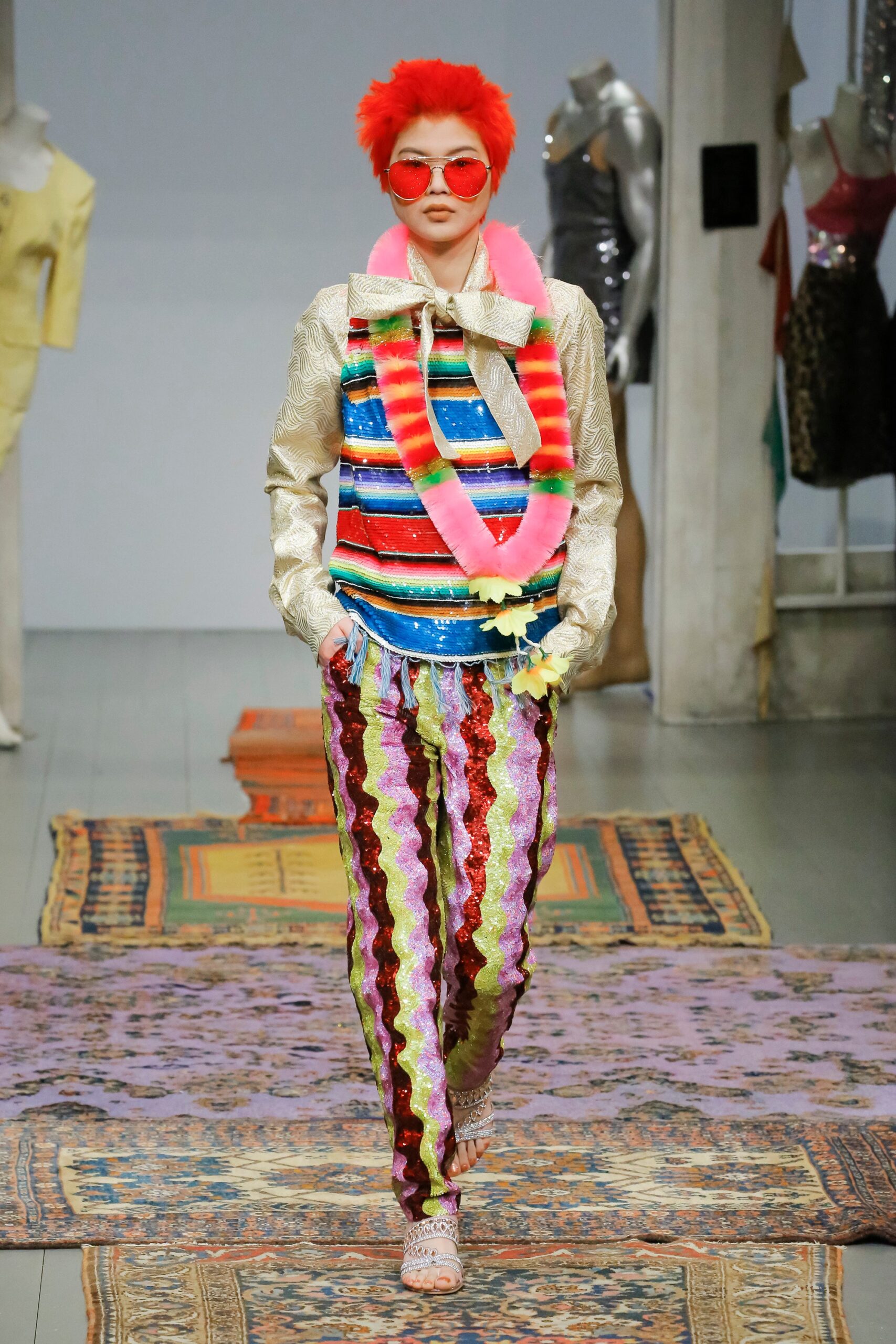 multi-colored top and flared pants