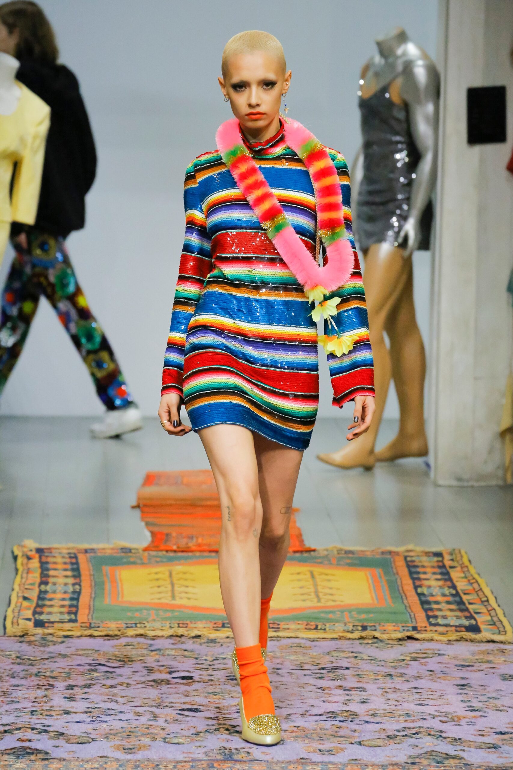 blue knit long-sleeve high-neck fitted striped sequined mini-dress