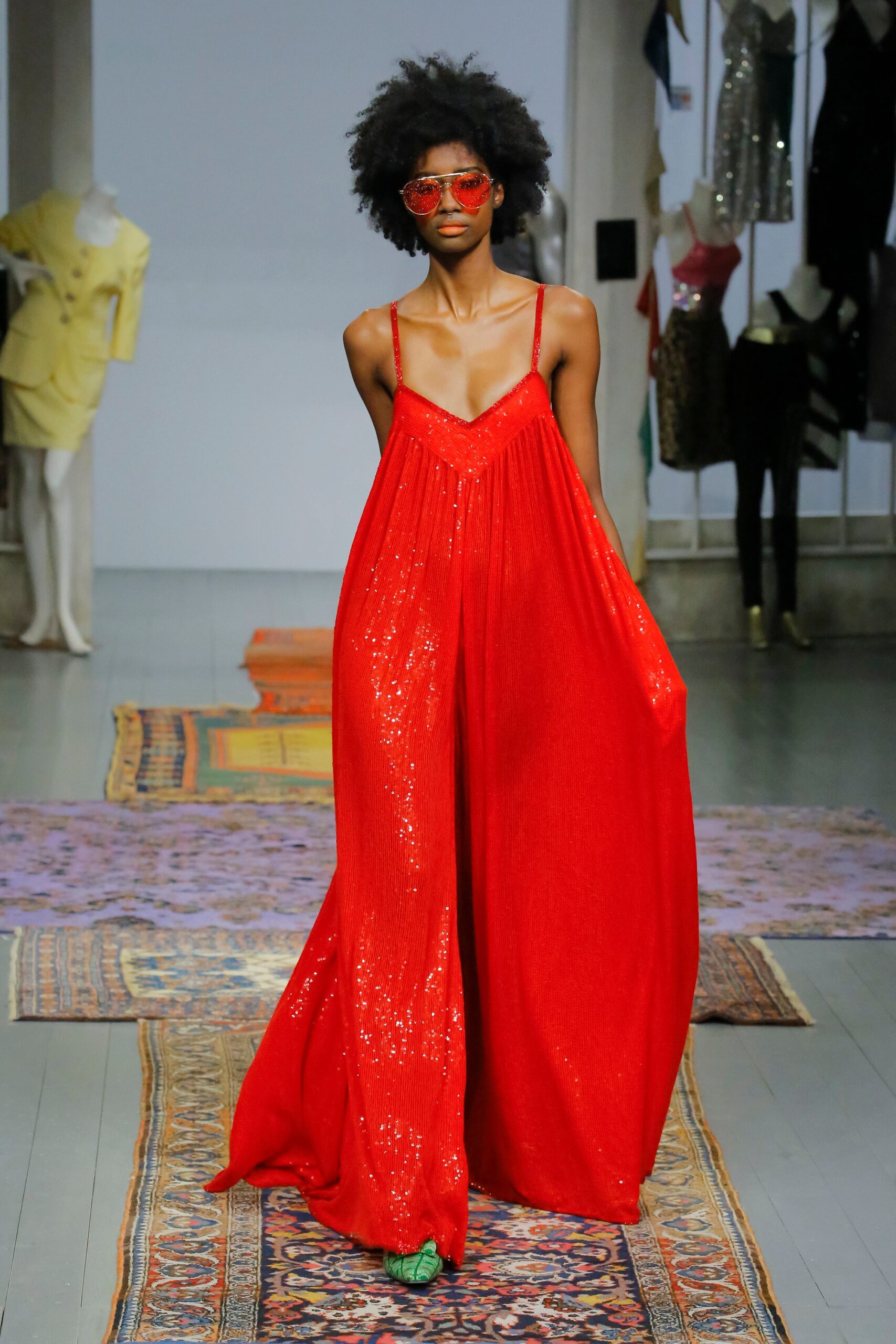 red sequin sleeveless jumpsuit