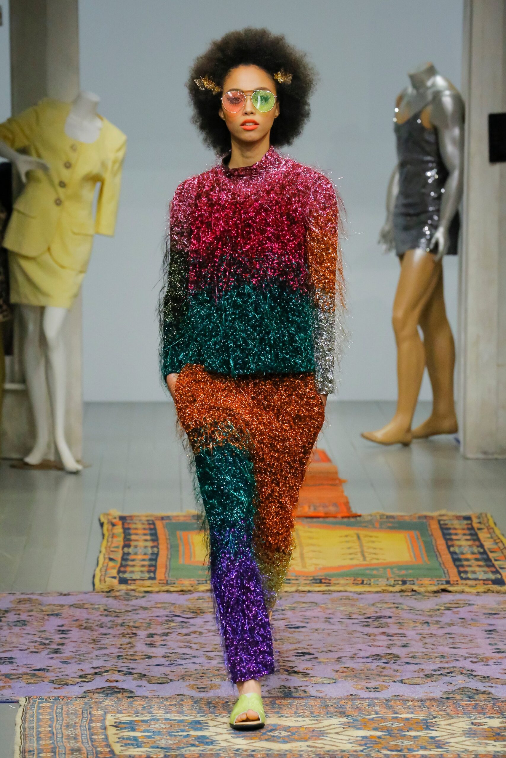 purple sequin fitted straight-leg shiny pants