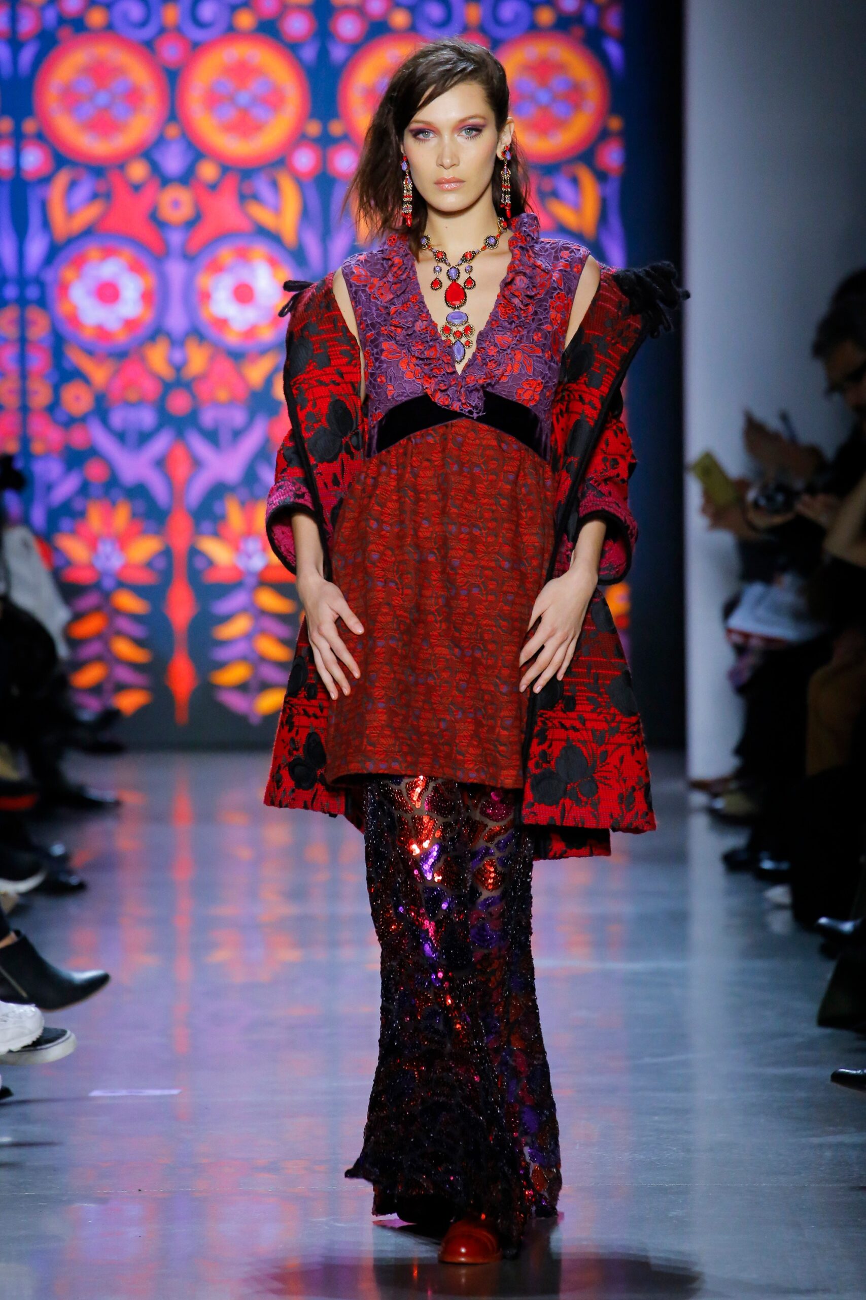 red wool long-sleeve collared oversized embroidered coat