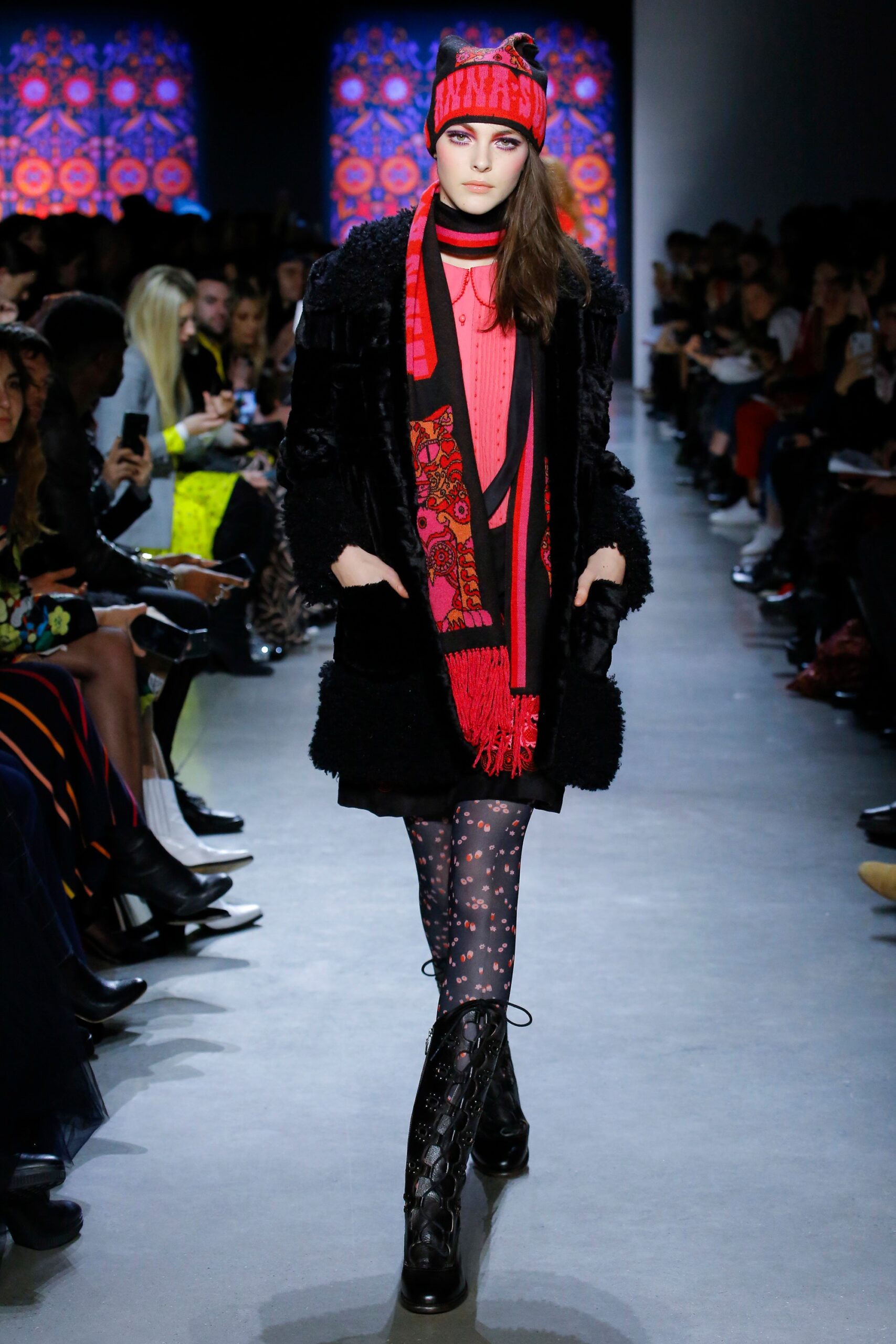 black faux-fur coat with mini dress