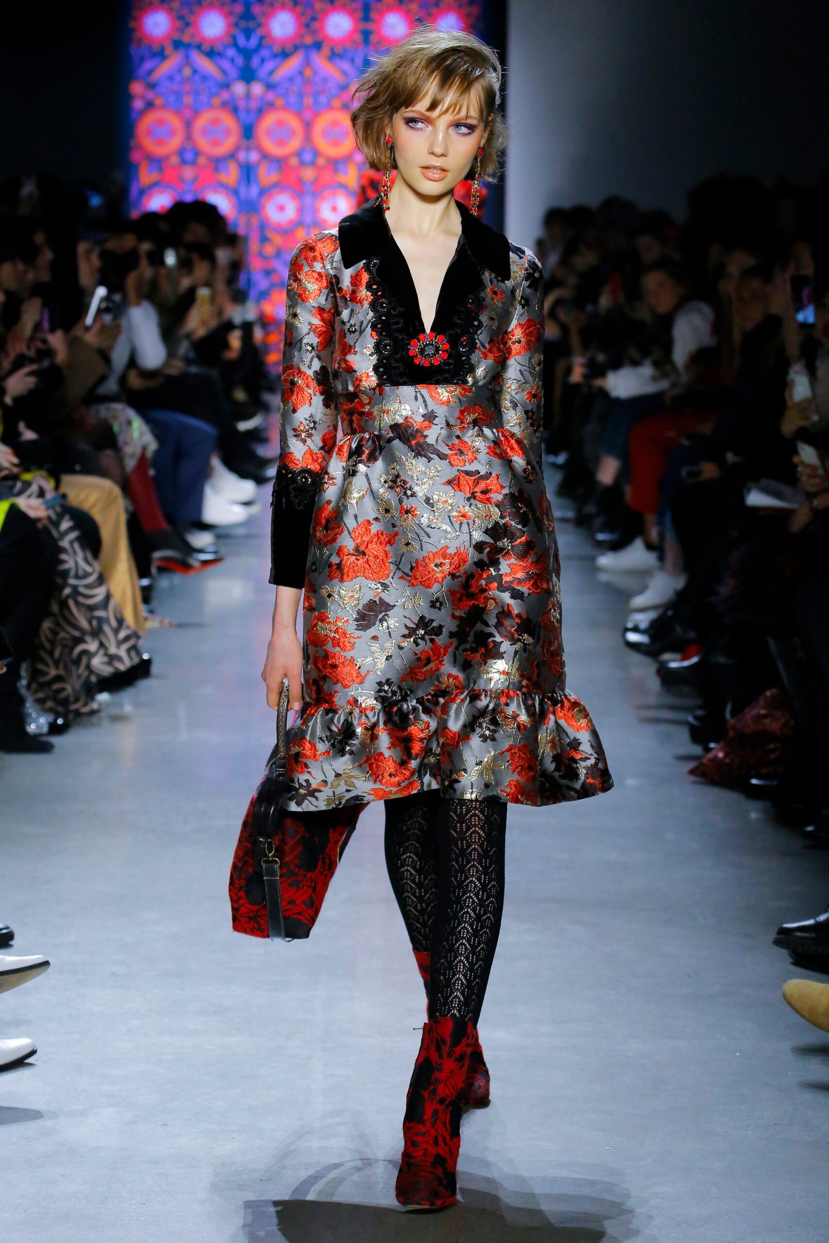 red silk long-sleeve collared fitted floral flared dress