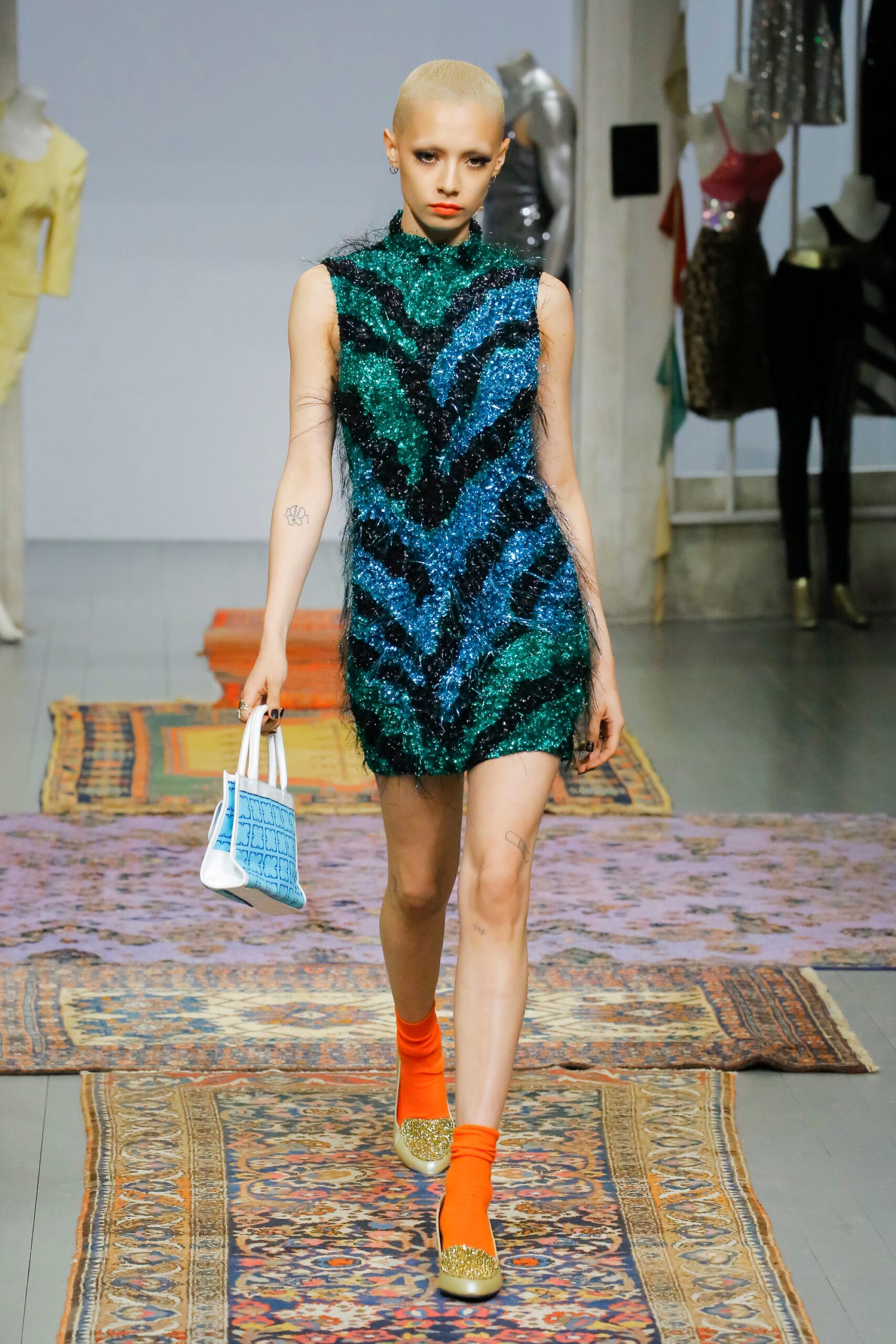 blue fur sleeveless high-neck fitted fringed shiny dress