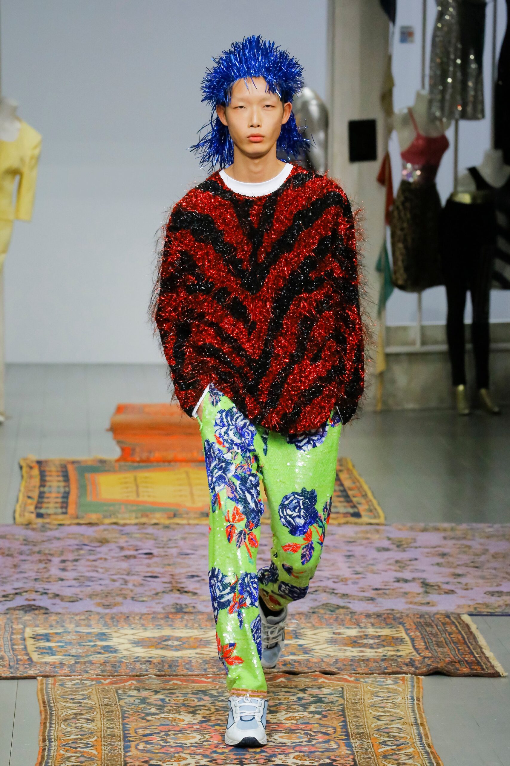 red wool long-sleeve oversized striped textured sweater