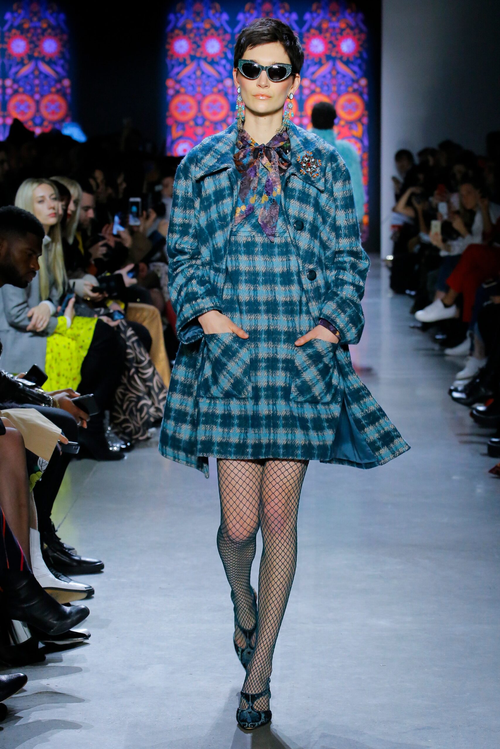 blue green checked coat and mini dress