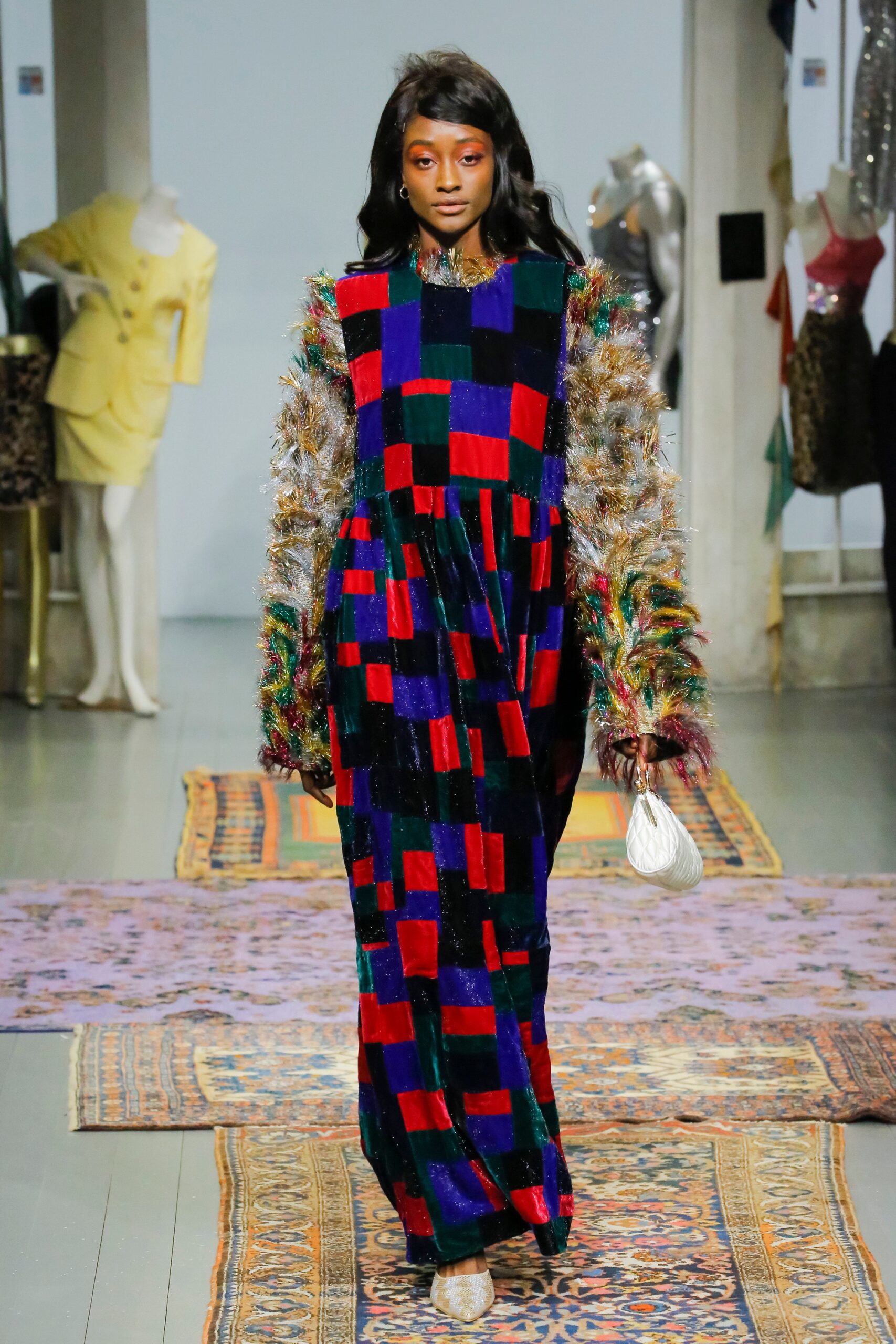 red velvet long-sleeve high-neck relaxed color-blocked pleated dress