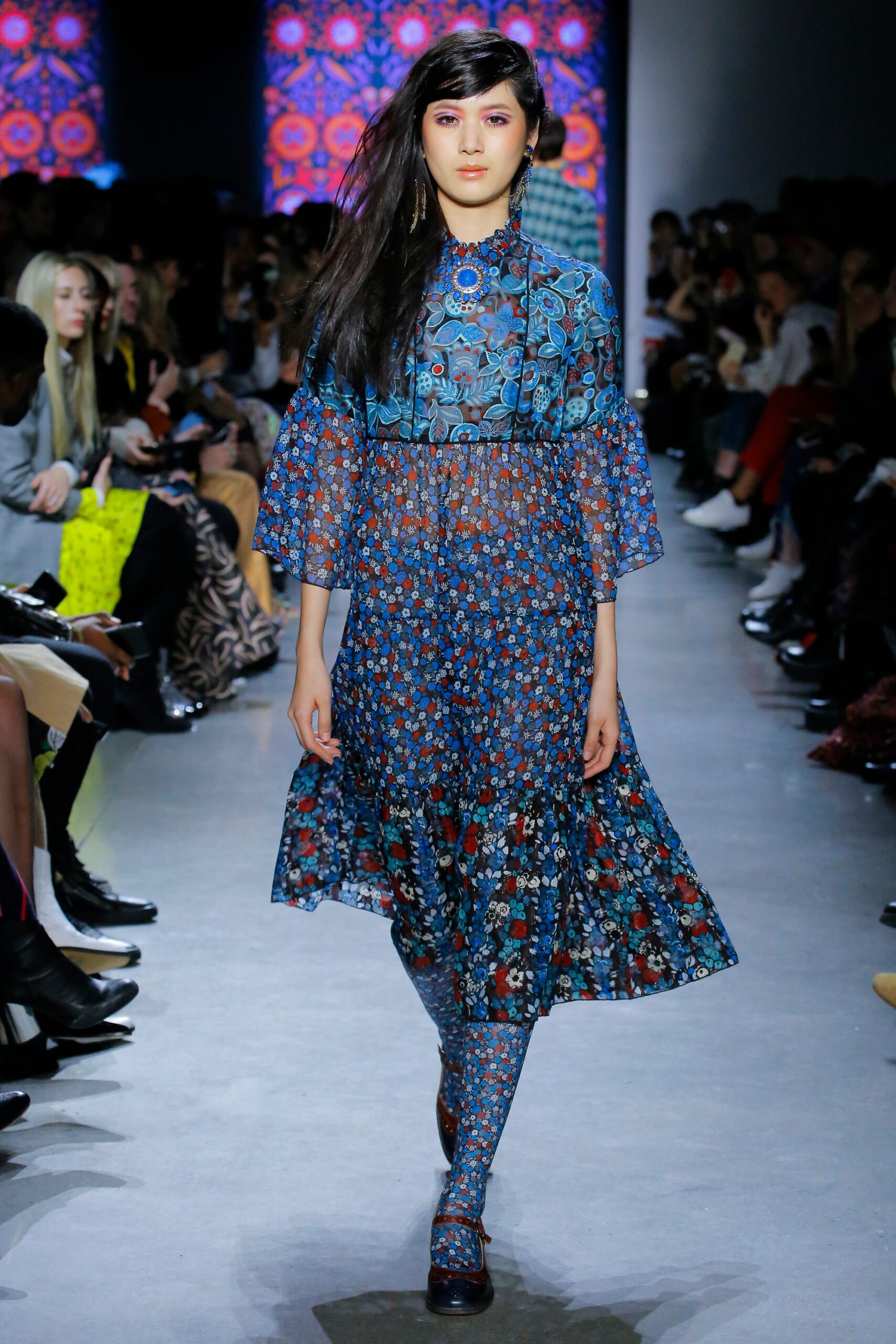 blue silk long-sleeve collared relaxed flared printed dress