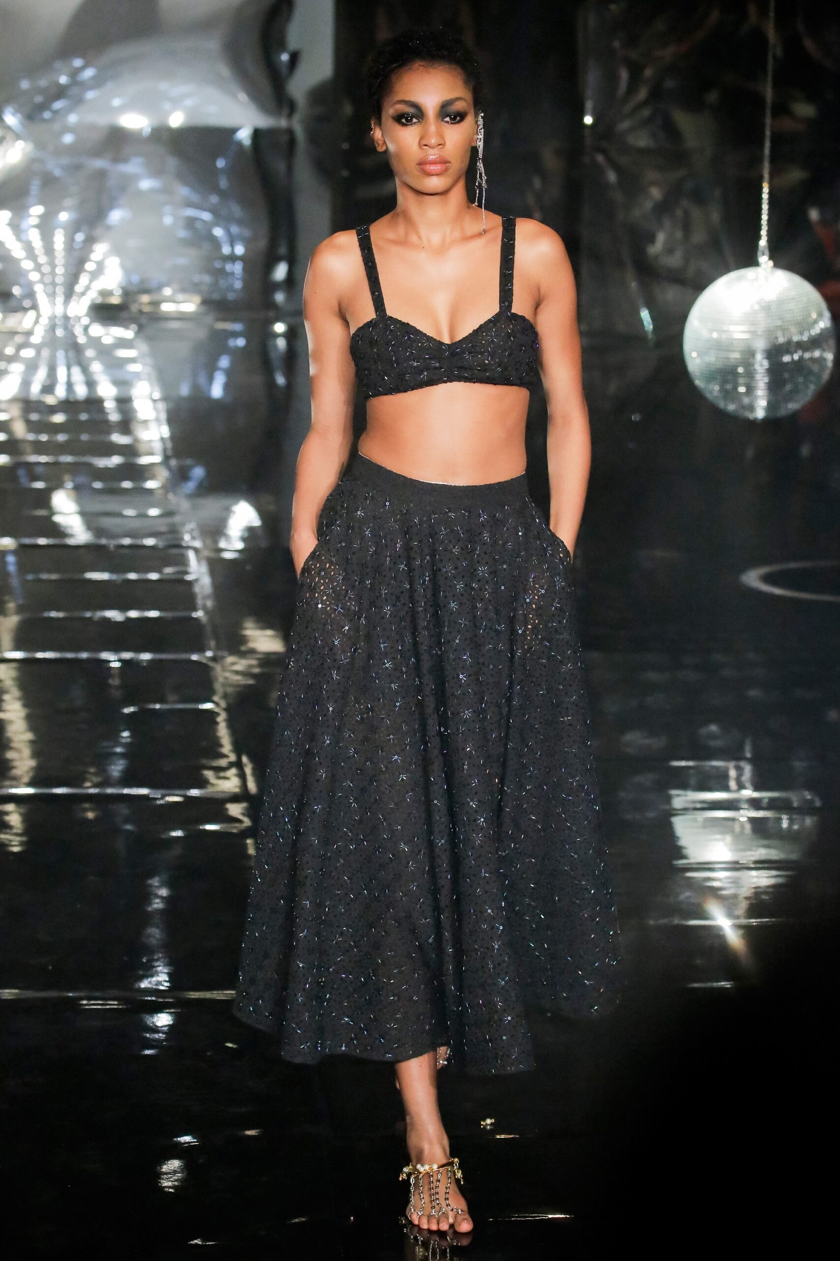 black silk crop-top and midi skirt